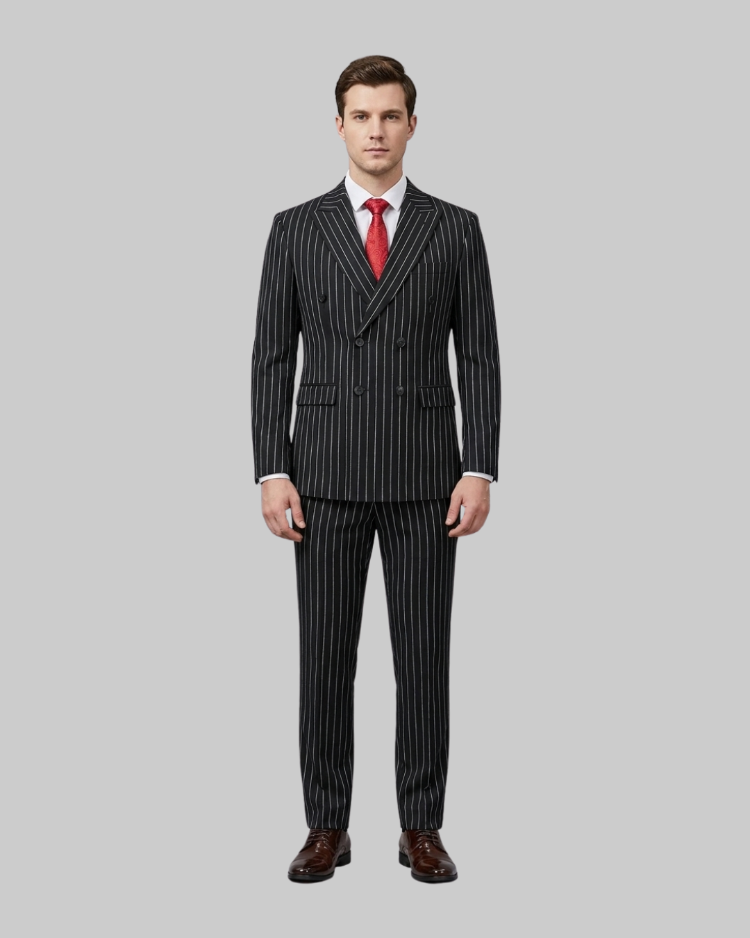 Men's Slim Pinstripe Double Breasted 2 Piece Suit in black.