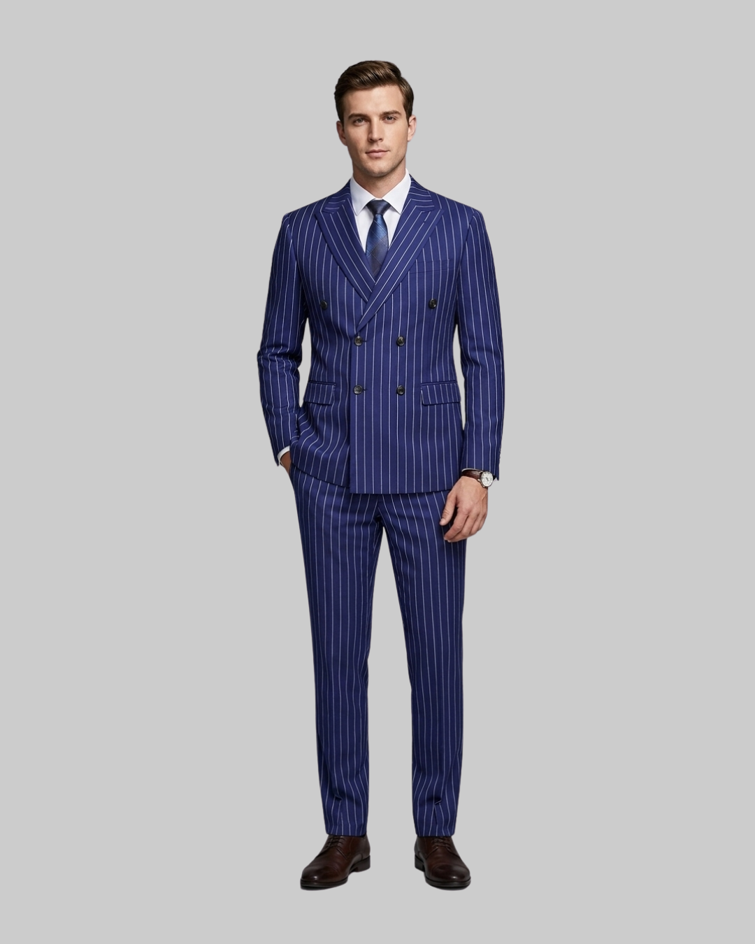 Men's Slim Pinstripe Double Breasted 2 Piece Suit in blue.