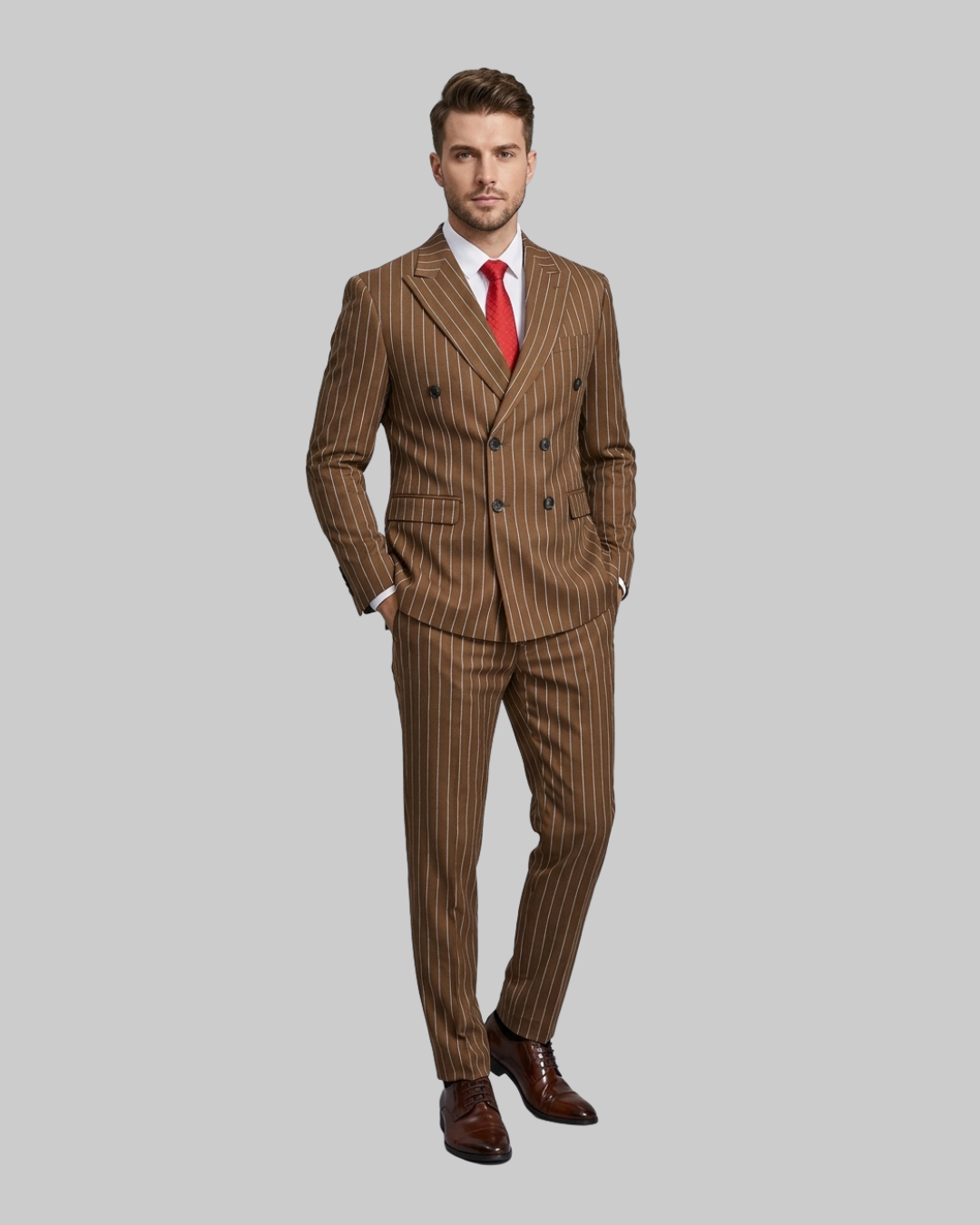 Men's Slim Pinstripe Double Breasted 2 Piece Suit in brown.