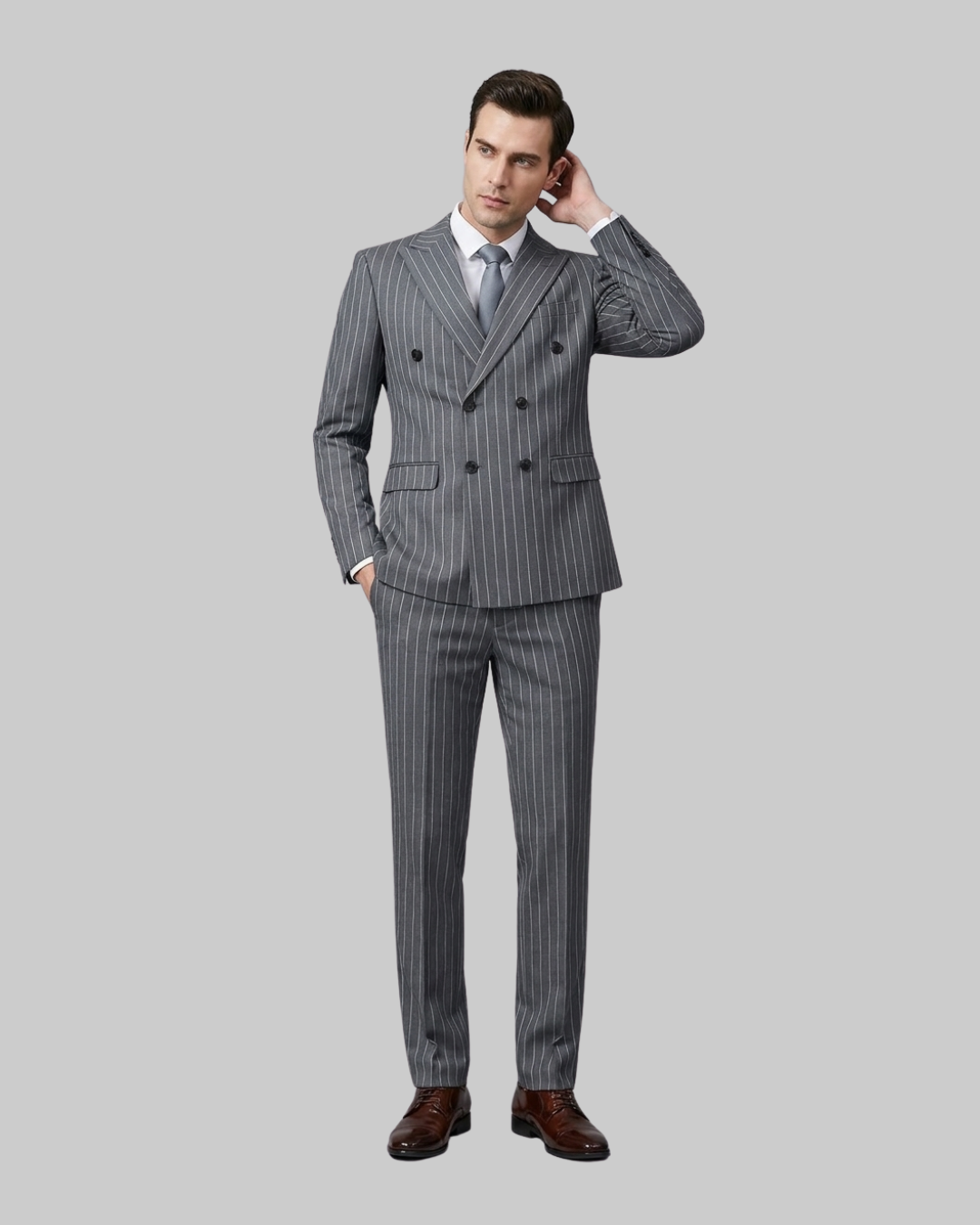 Men's Slim Pinstripe Double Breasted 2 Piece Suit in grey.