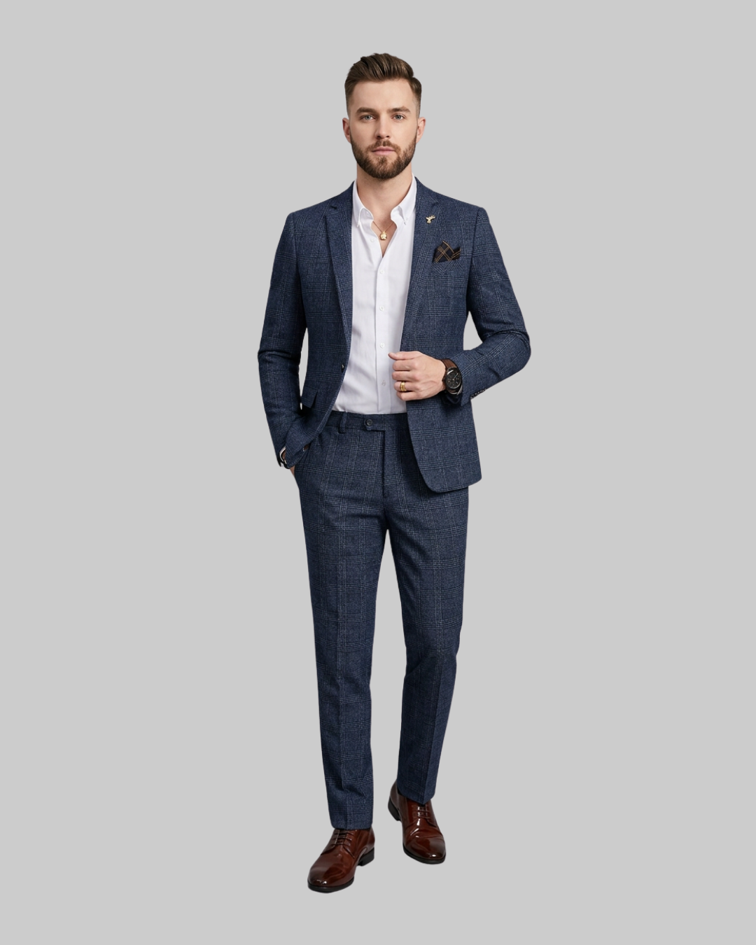 Men's Slim Plaid 2 Piece Suit in blue.