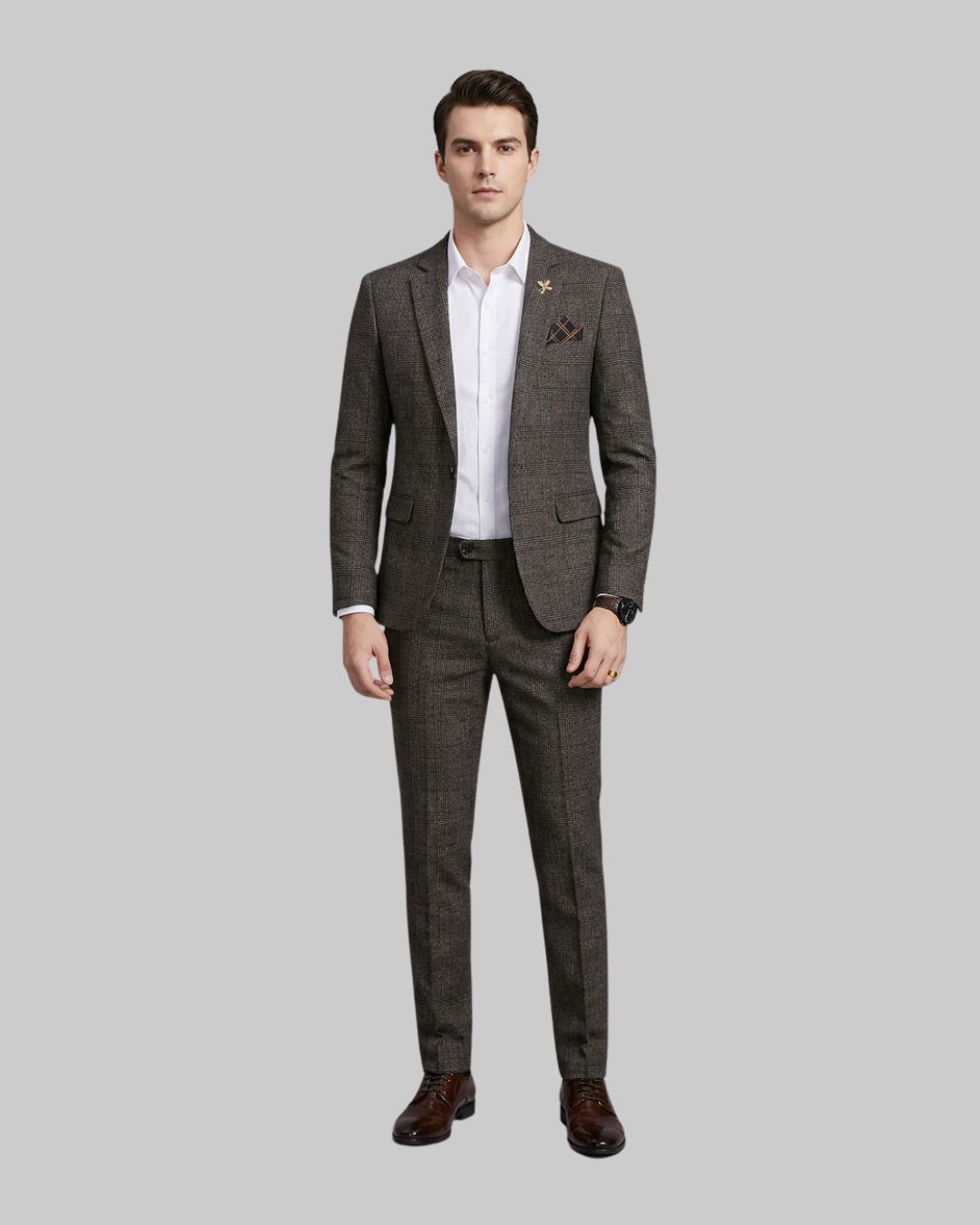 Men's Slim Plaid 2 Piece Suit in brown.