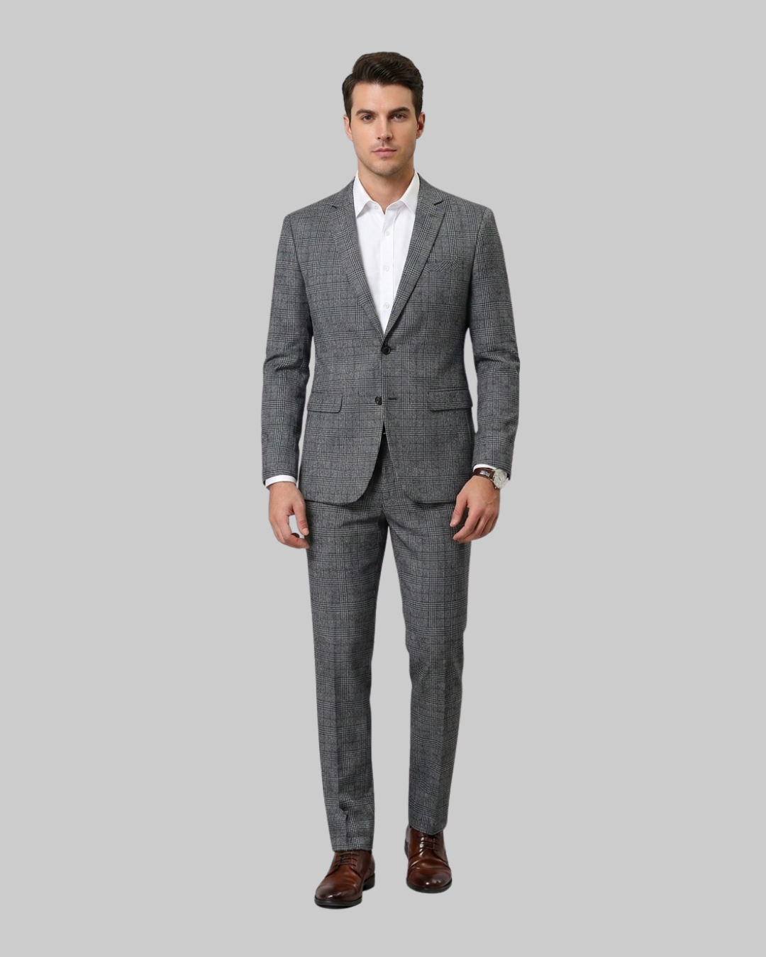 Men's Slim Plaid 2 Piece Suit in grey.