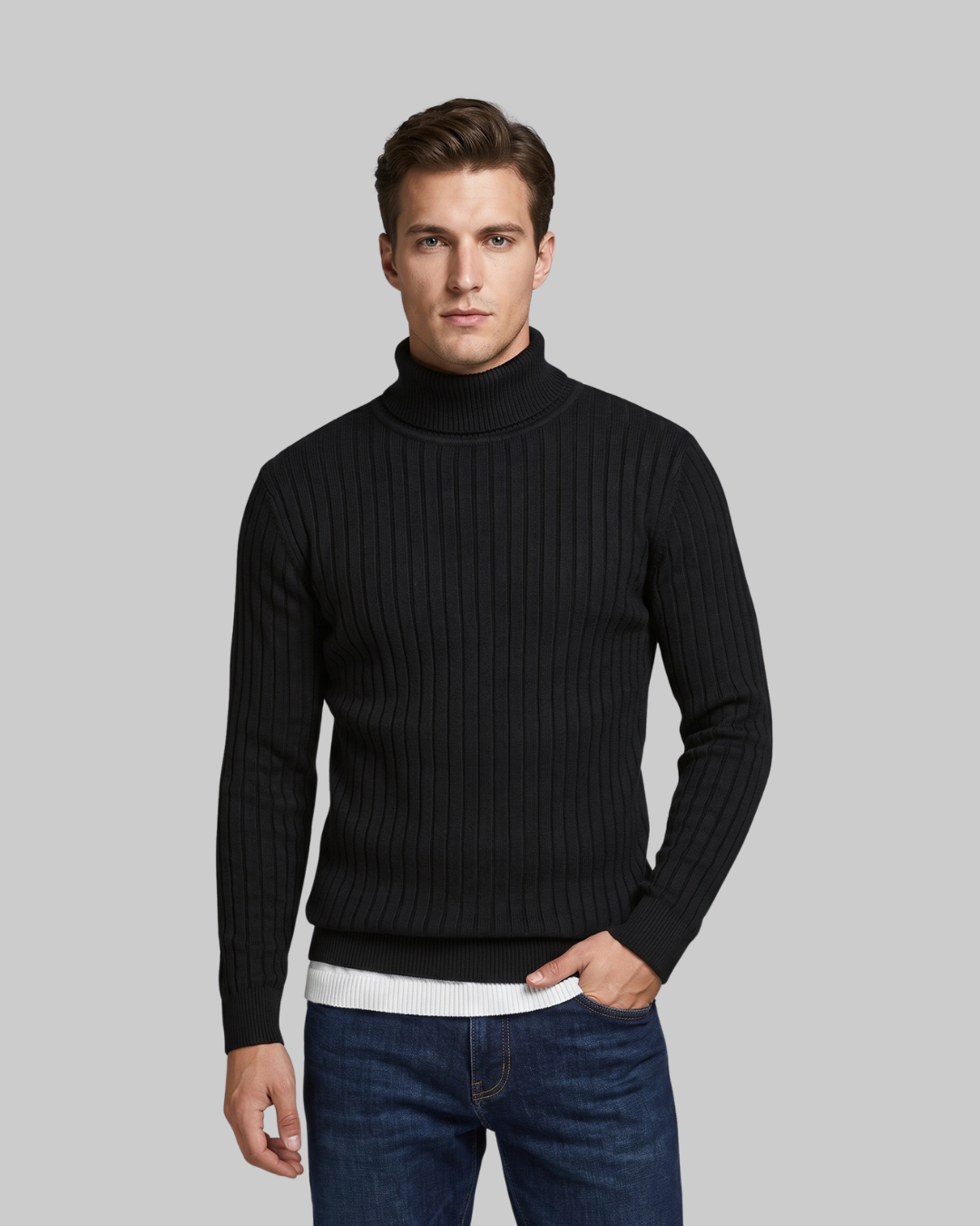 Men's Slim Rib Turtleneck Sweater in black.