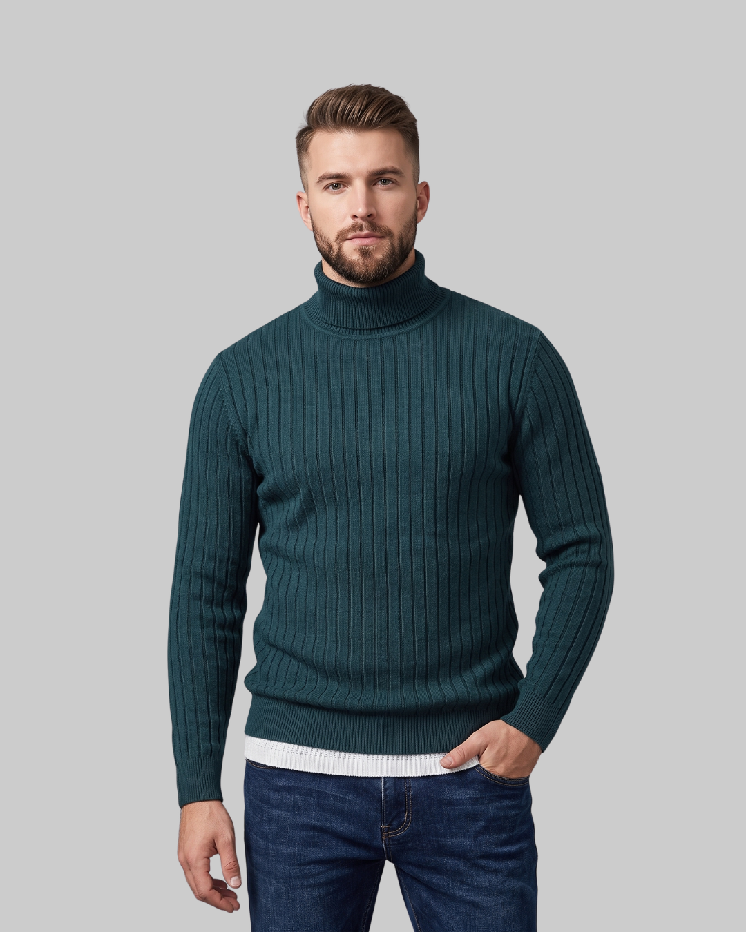 Men's Slim Rib Turtleneck Sweater in dark green.
