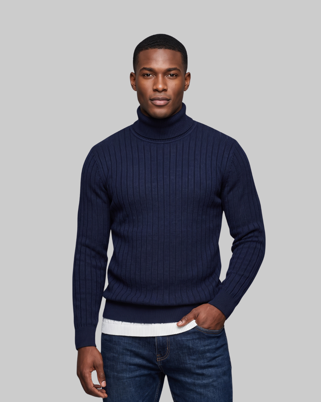 Men's Slim Rib Turtleneck Sweater in navy.