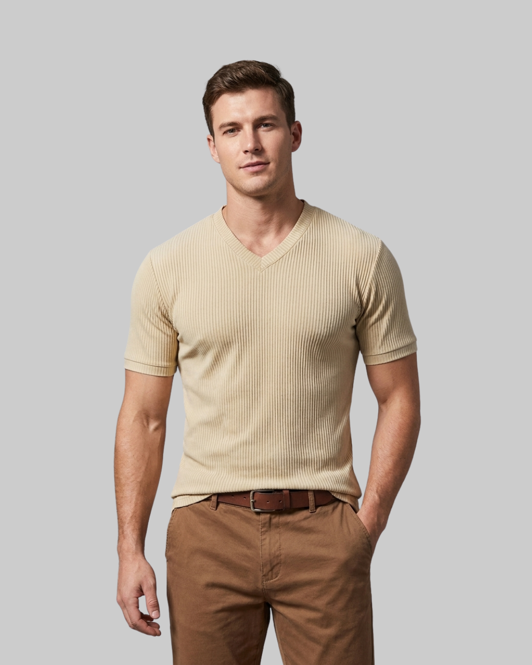 Men's Slim Ribbed V-Neck T-Shirt in Apricot