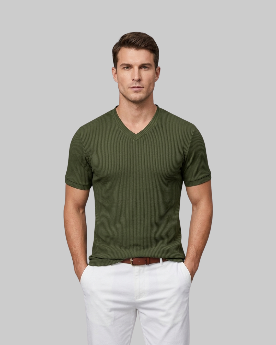 Men's Slim Ribbed V-Neck T-Shirt in Army Green