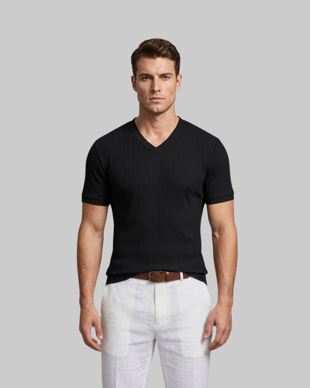 Men's Slim Ribbed V-Neck T-Shirt in Black