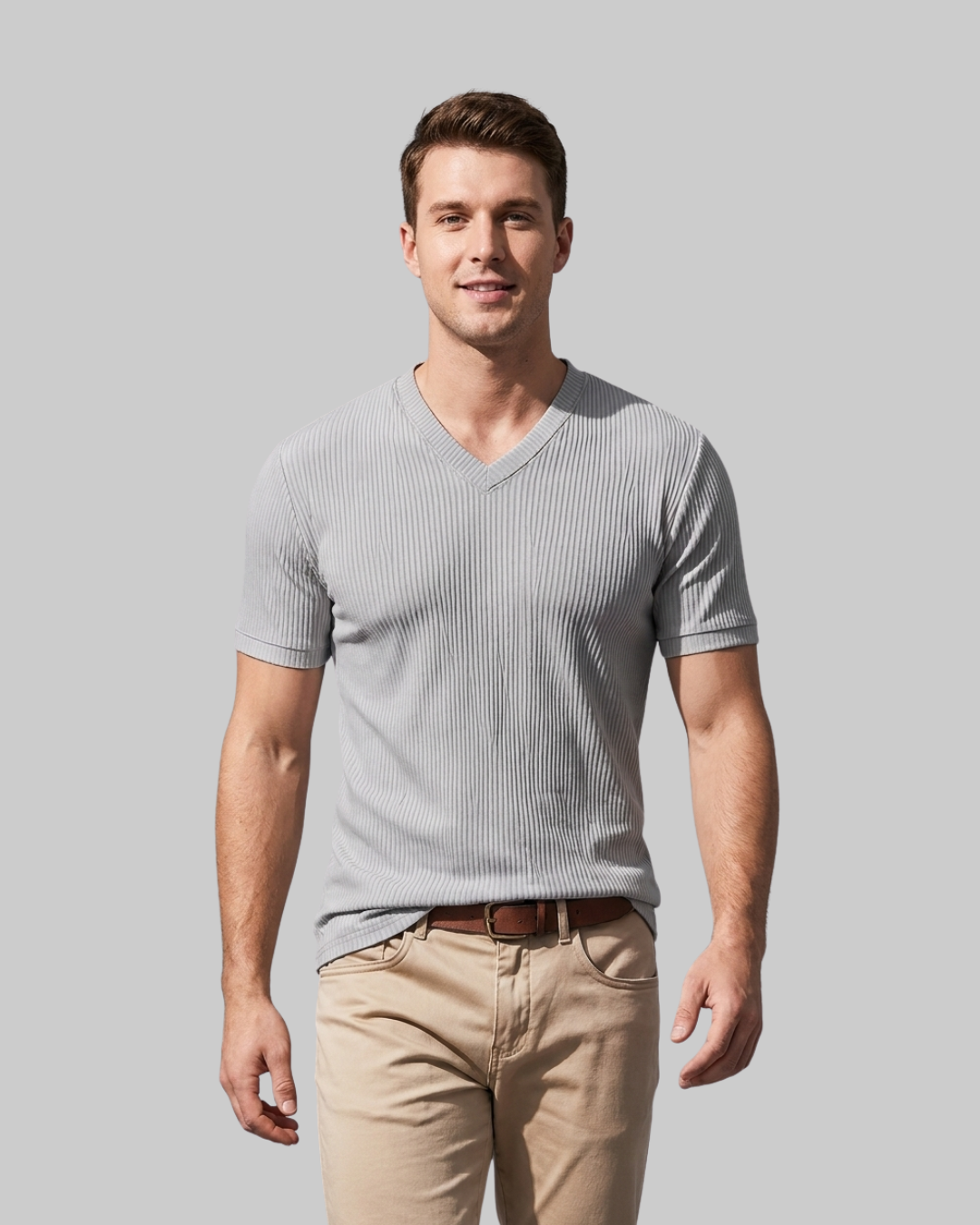 Men's Slim Ribbed V-Neck T-Shirt in Grey