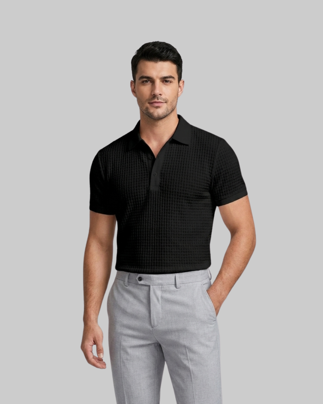 Men's Slim Waffle Polo Shirt in Black