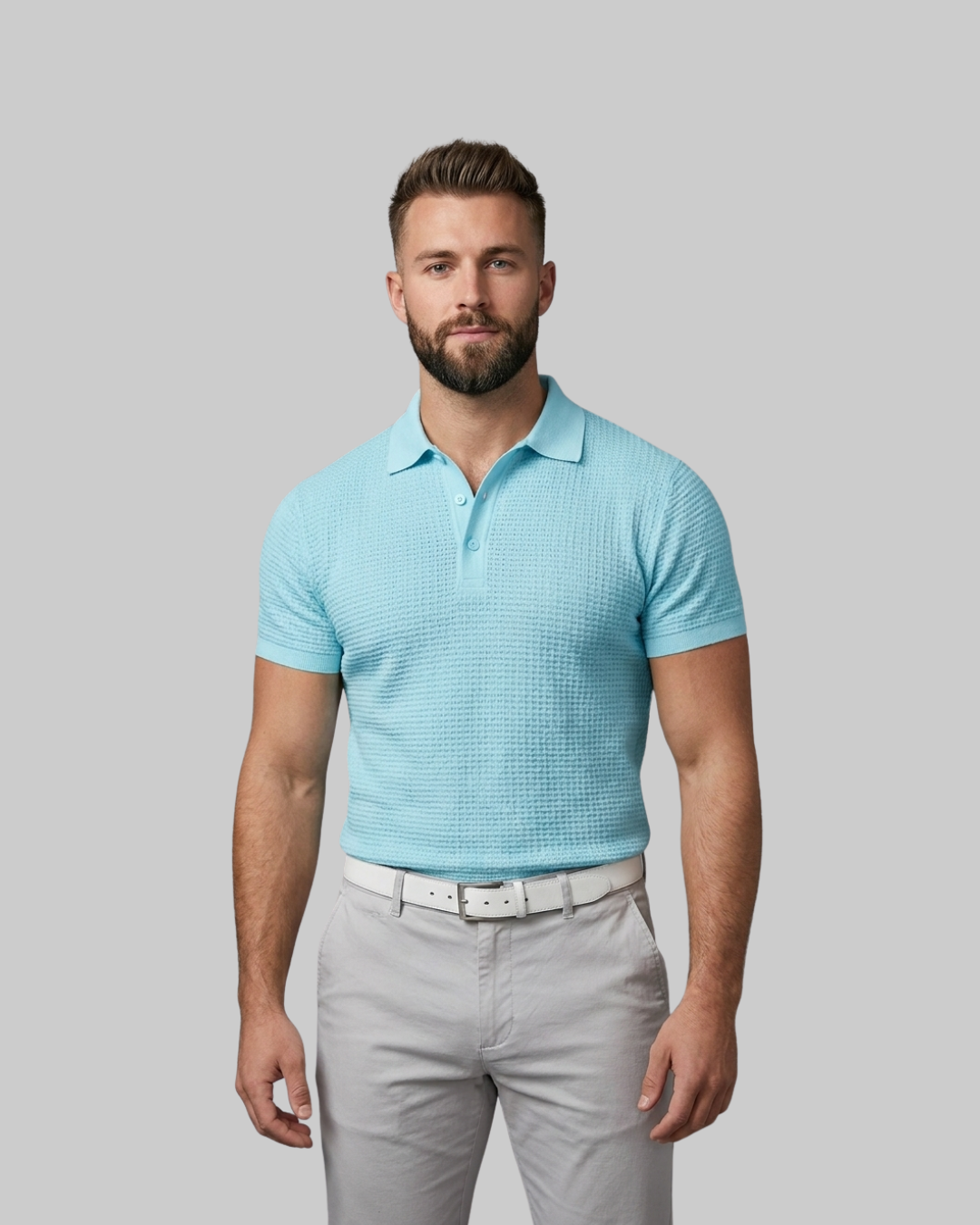 Men's Slim Waffle Polo Shirt in Light Blue