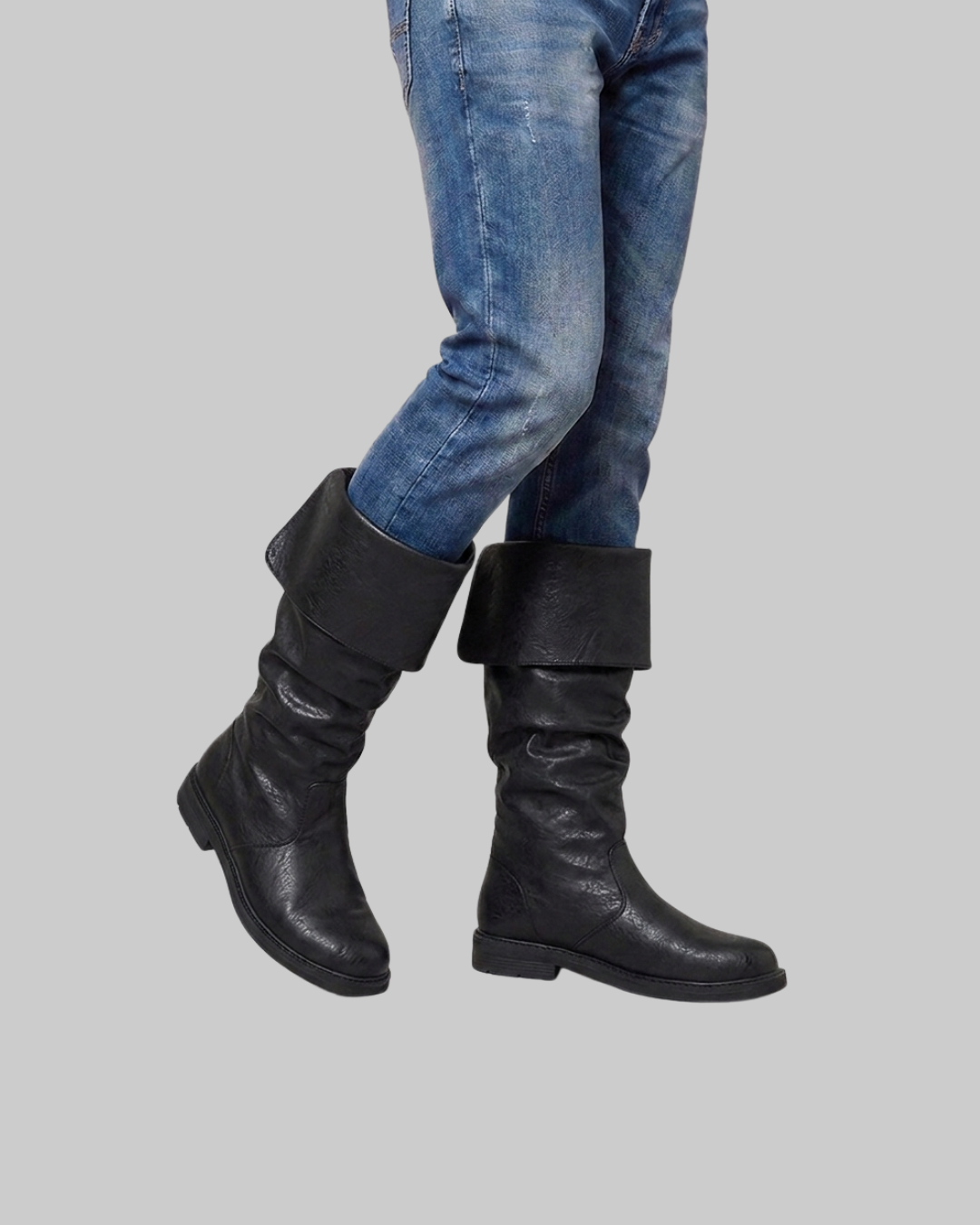 Worn Men's Slouch Knee High Boots in black.