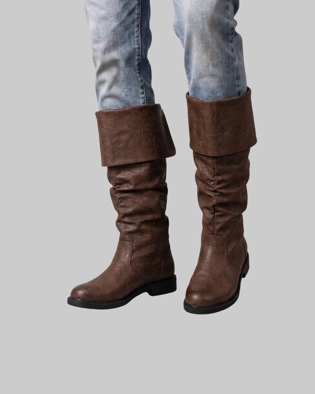 Worn Men's Slouch Knee High Boots in brown.
