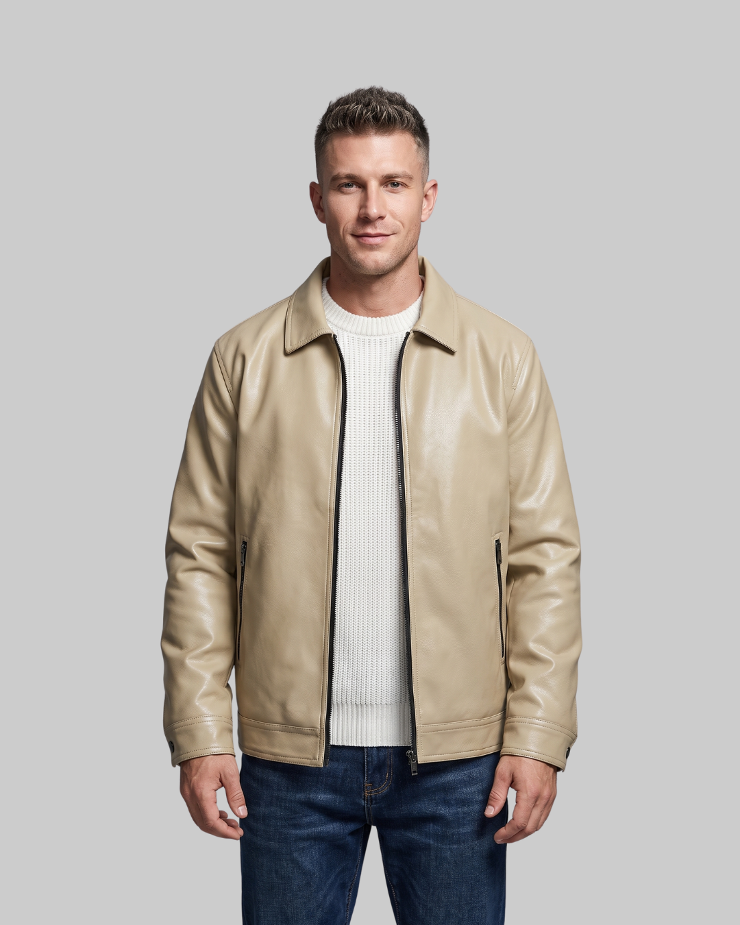 Men's Snap Cuff Bomber Jacket in khaki.