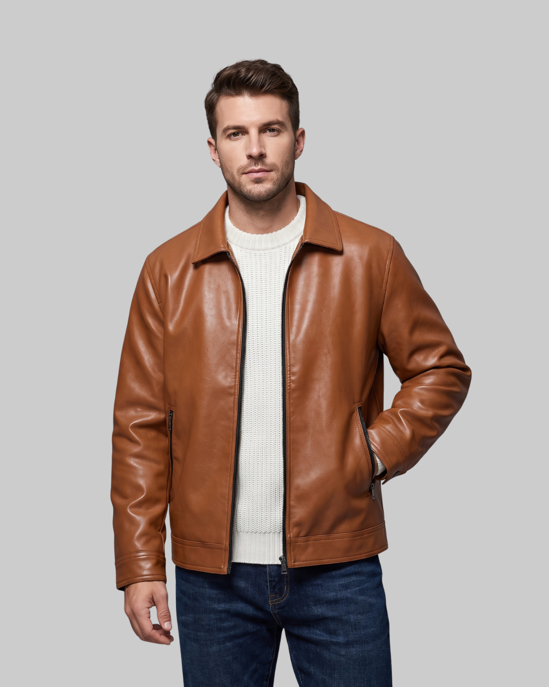 Men's Snap Cuff Bomber Jacket in yellowish brown.