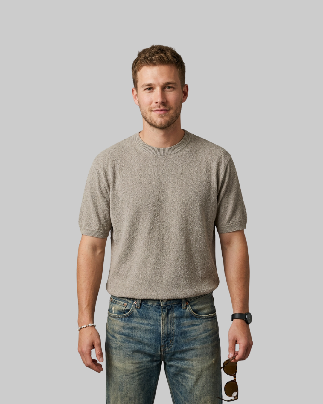Men's Solid Knit Summer T-Shirt in khaki.
