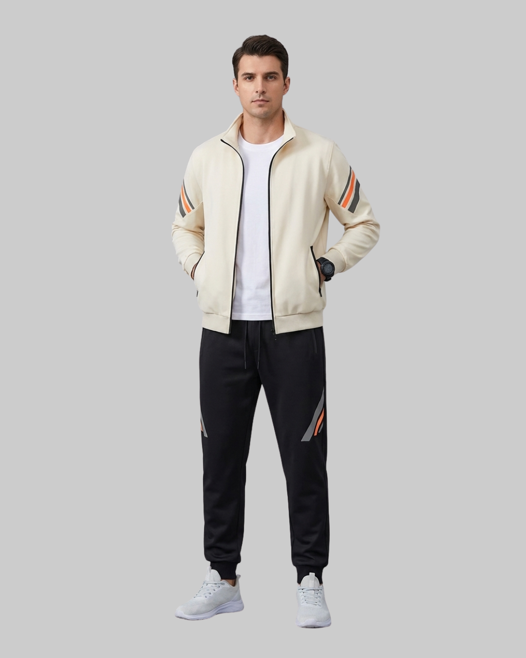 Men's Stand Collar Athletic Tracksuit Set in Beige