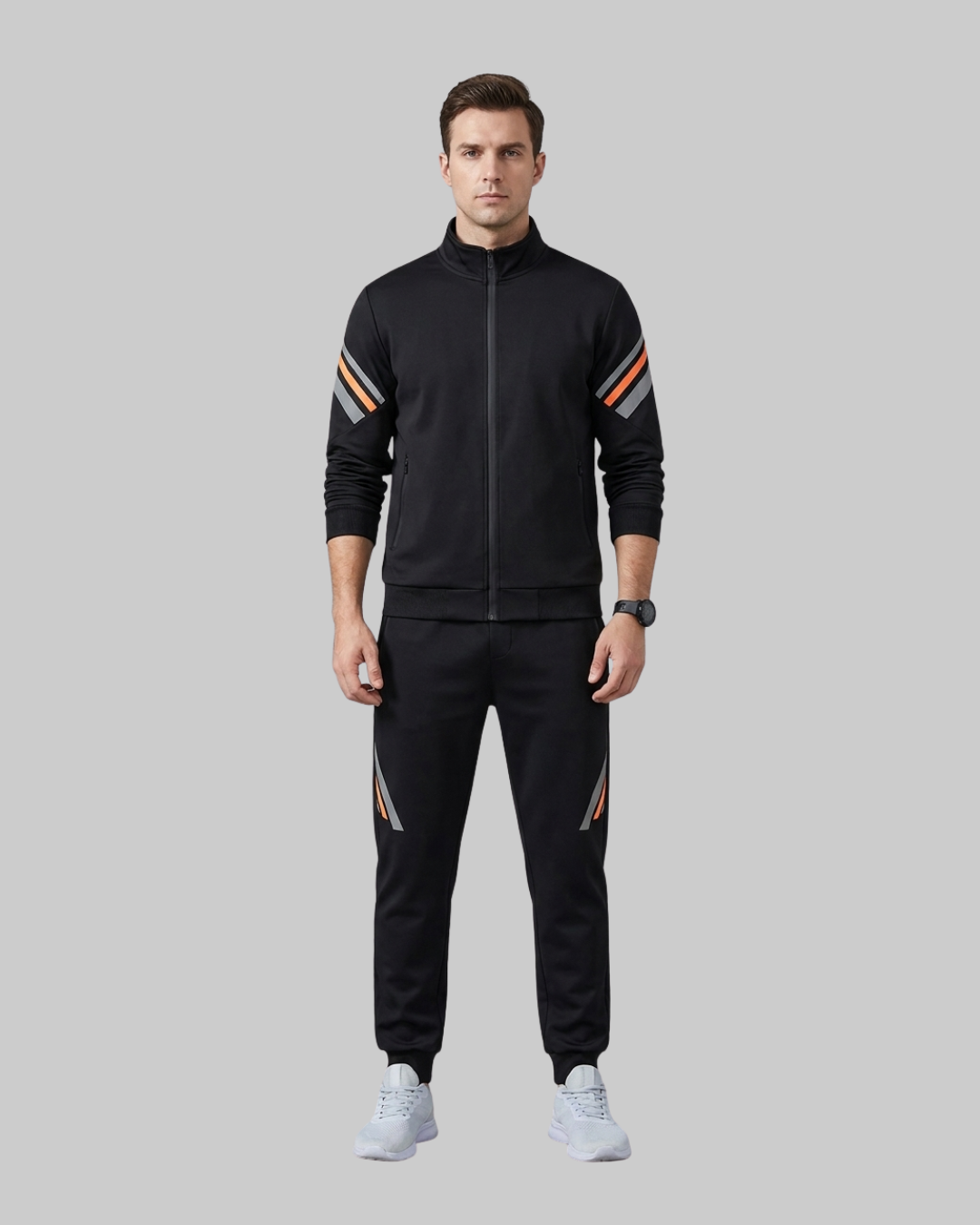 Men's Stand Collar Athletic Tracksuit Set in Black