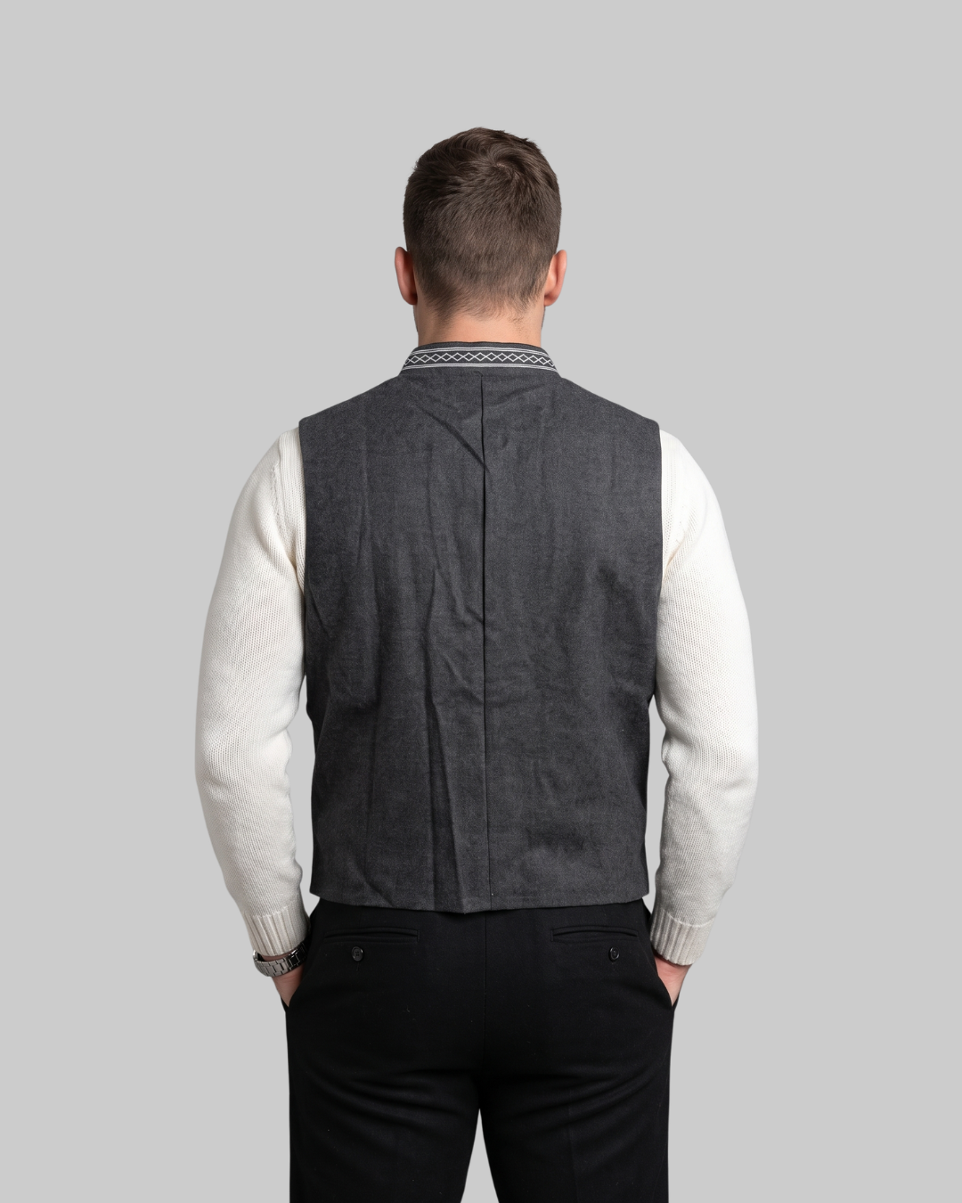 Men's Stand Collar Button Vest in back view.