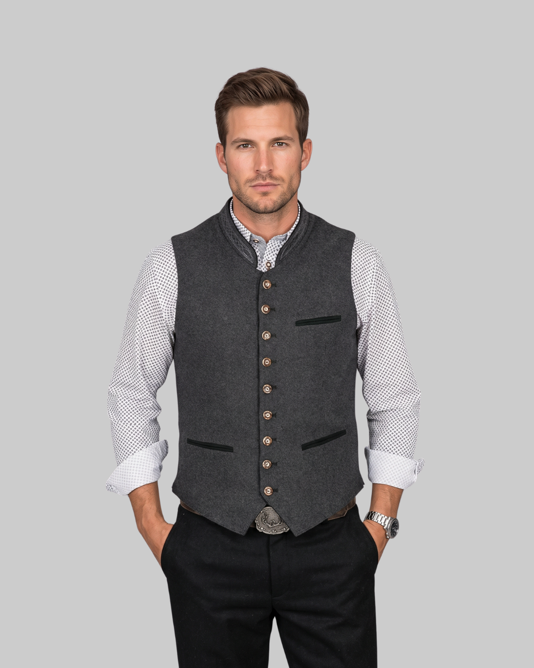 Men's Stand Collar Button Vest in front.