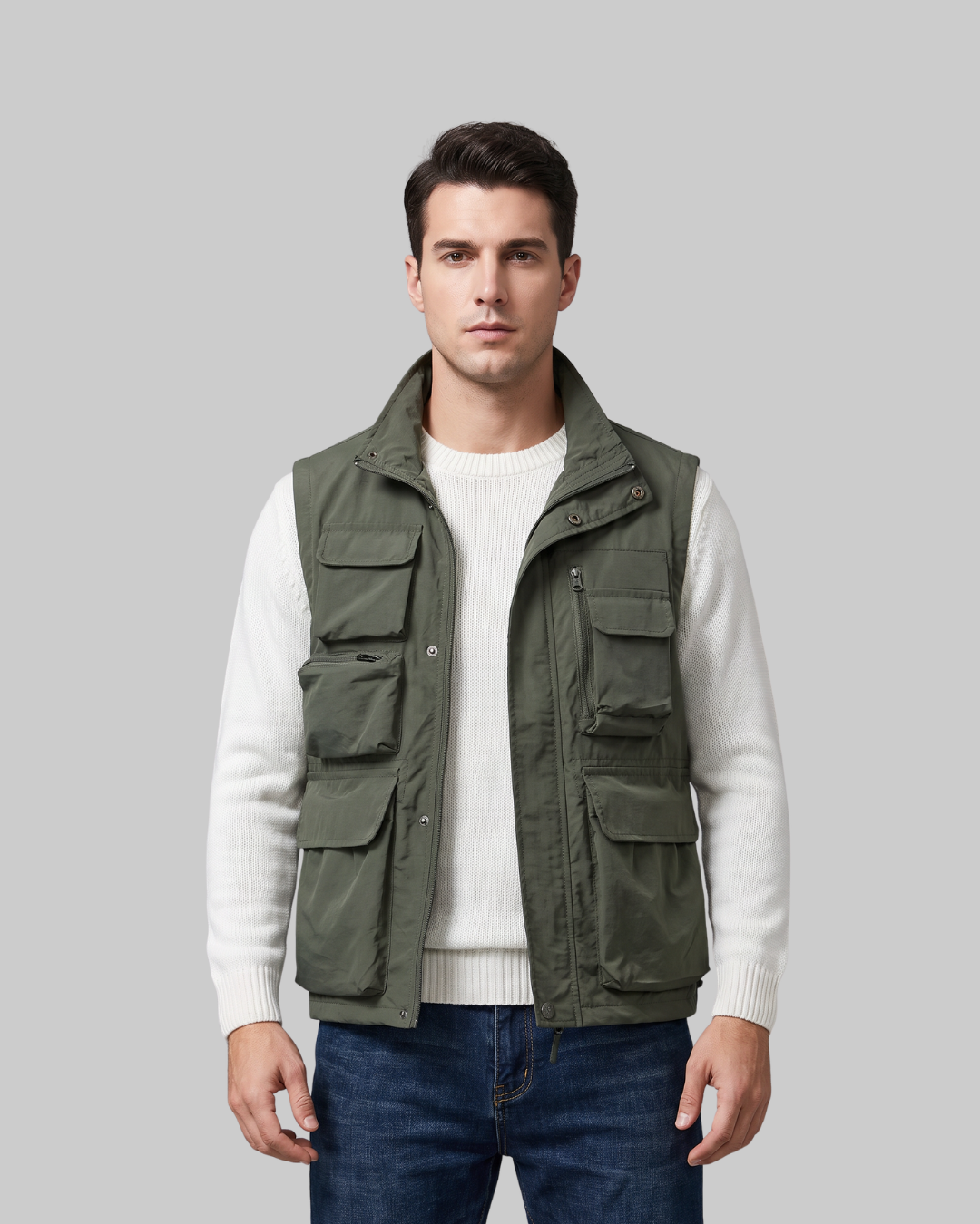 Men's Stand Collar Cargo Vest in army green.
