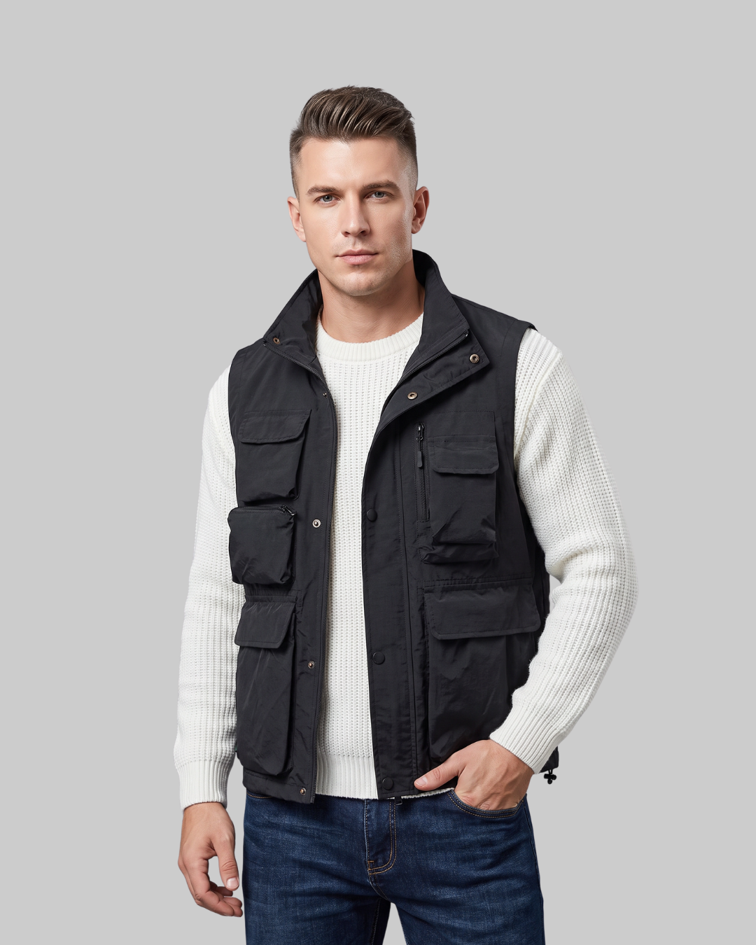 Men's Stand Collar Cargo Vest in black.