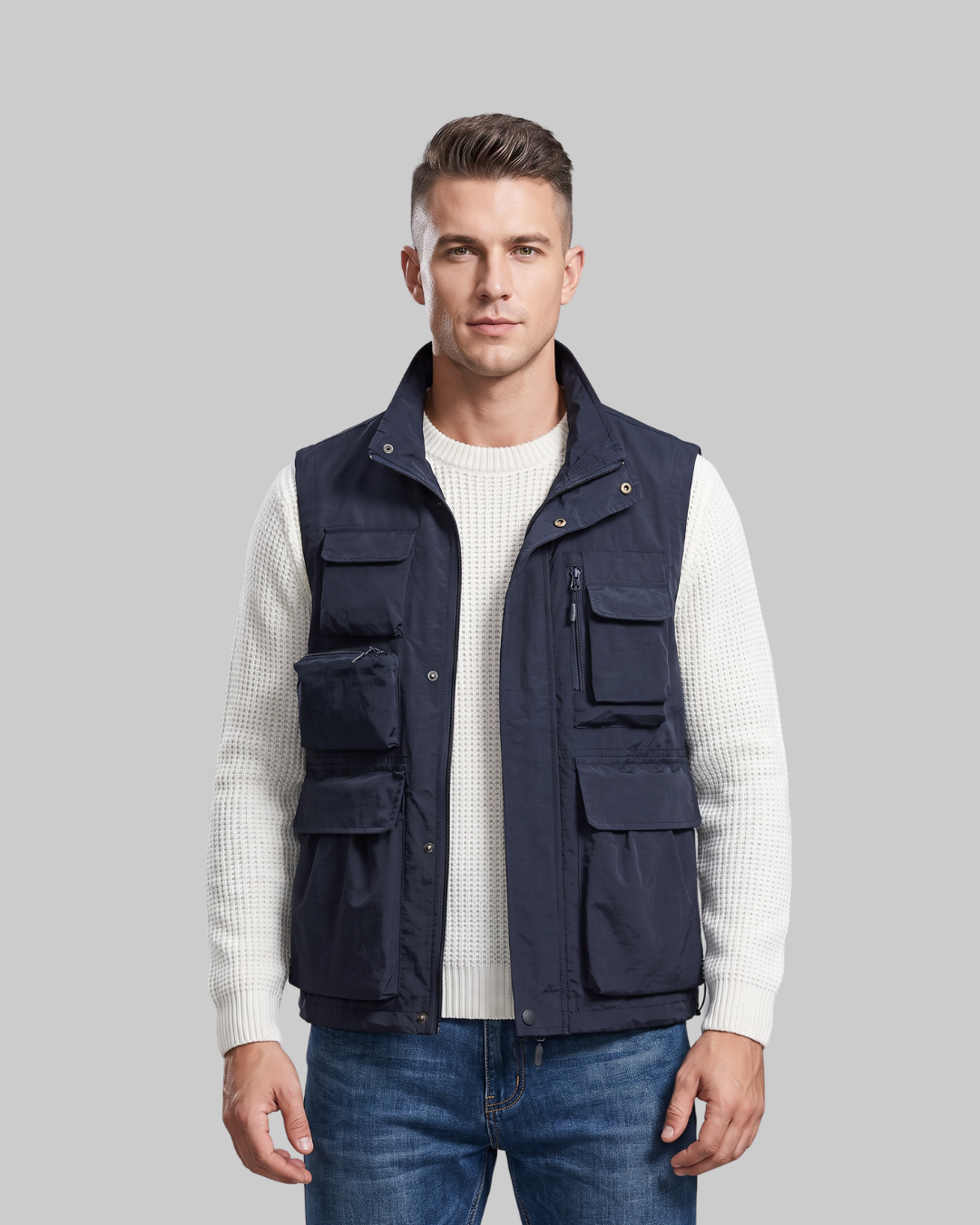 Men's Stand Collar Cargo Vest in blue