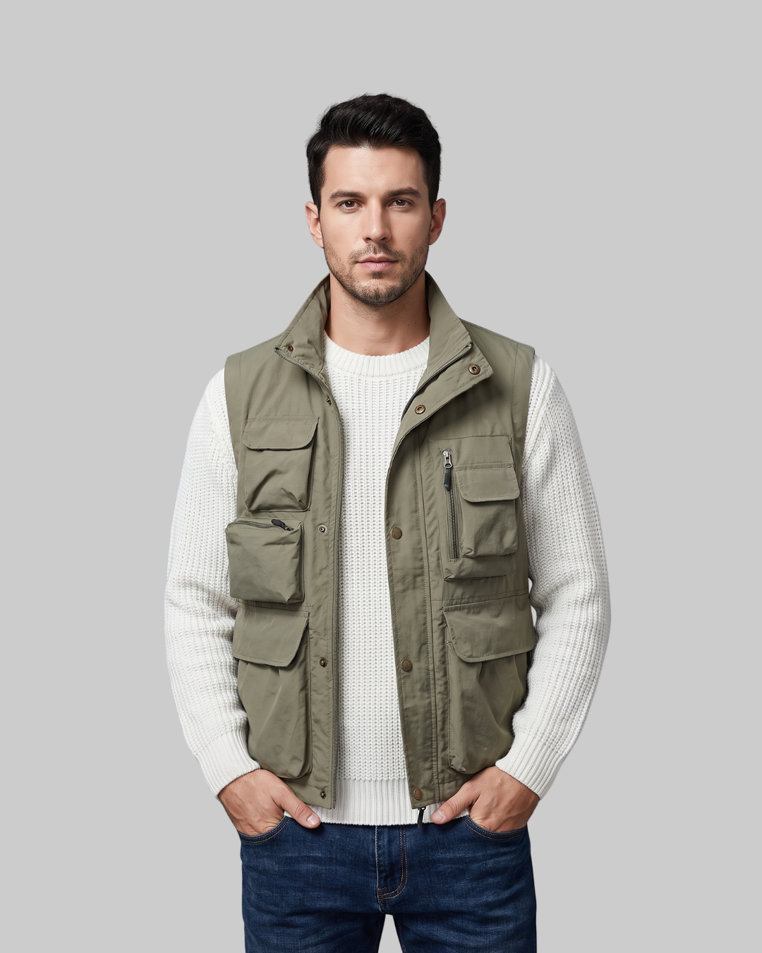 Men's Stand Collar Cargo Vest in khaki.