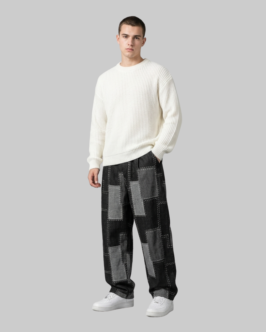 Men's Stitched Patch Straight Jeans in black.