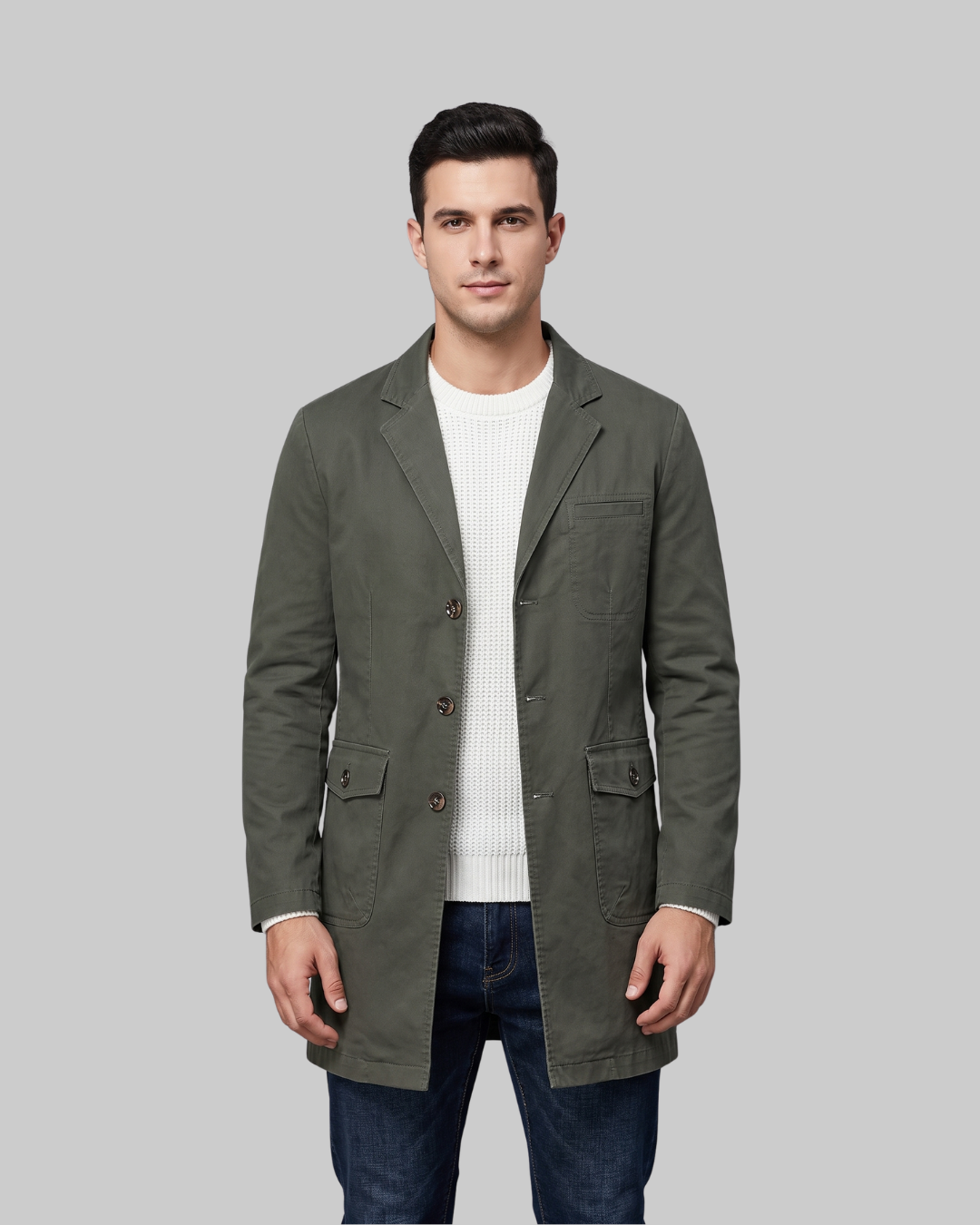 Men's Straight Fit Casual Coat in army green.