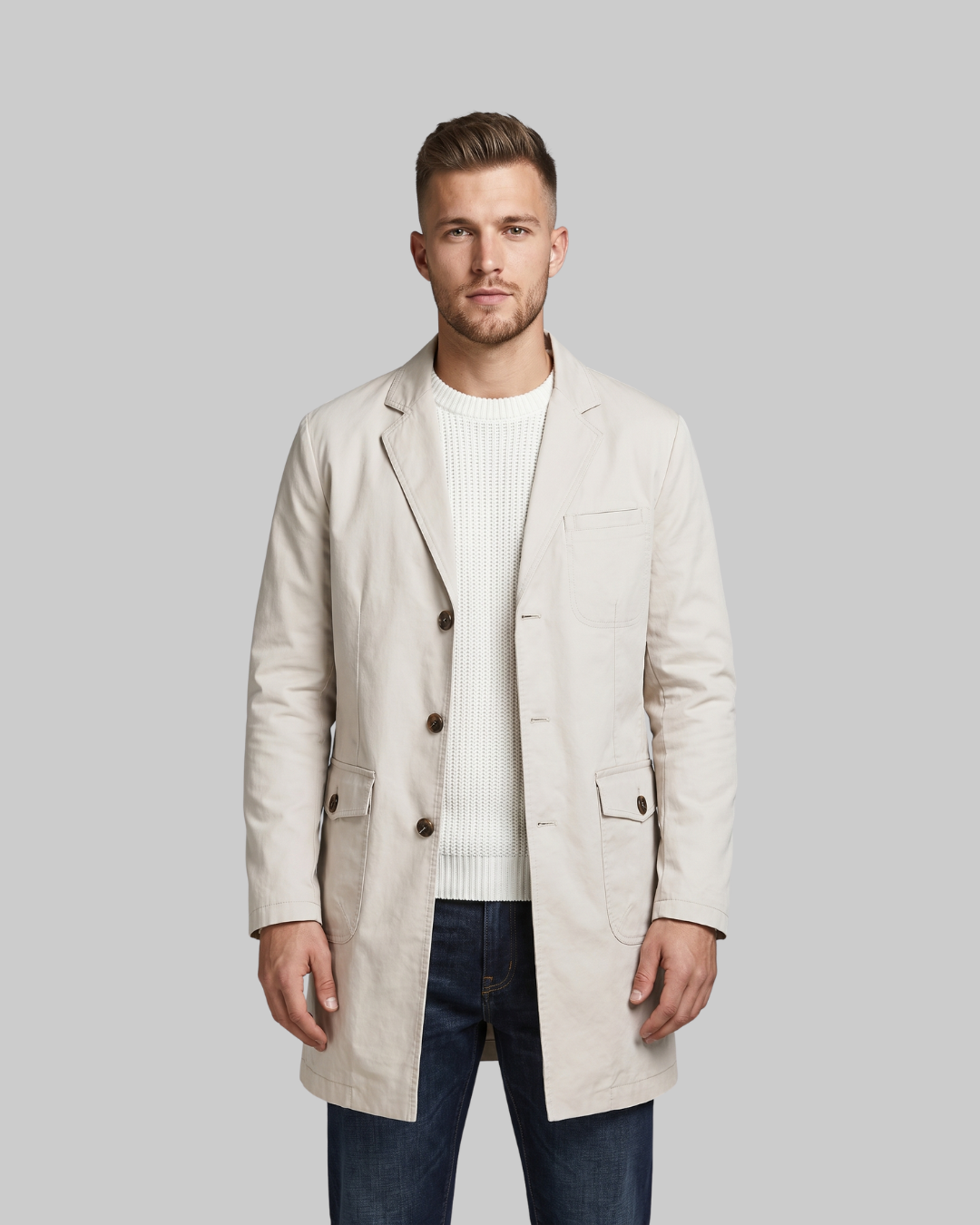 Men's Straight Fit Casual Coat in beige.