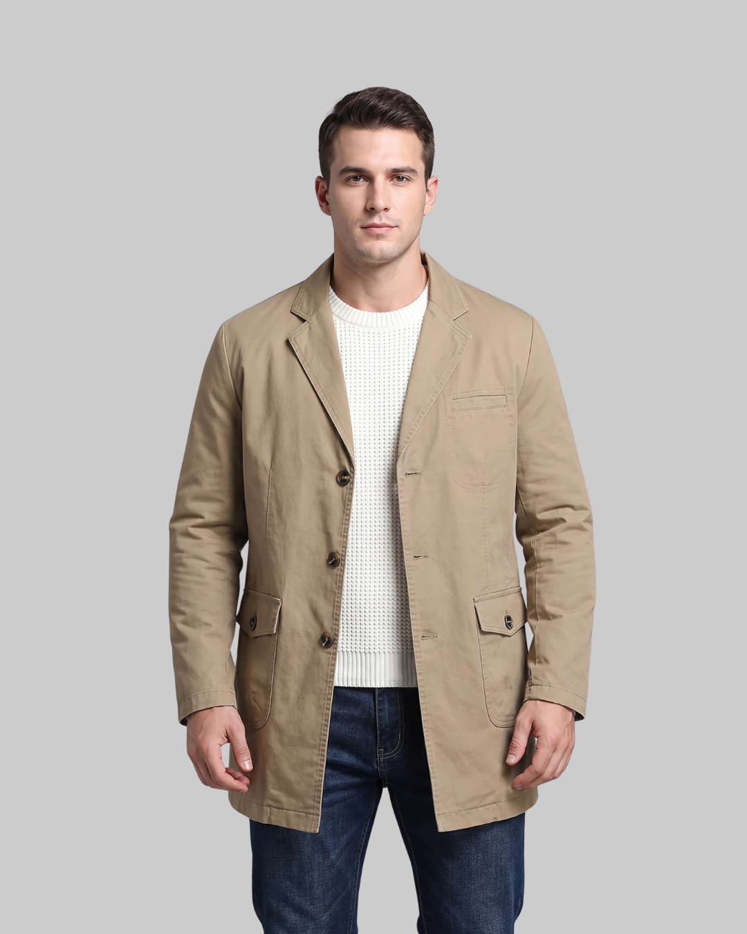 Men's Straight Fit Casual Coat in khaki.