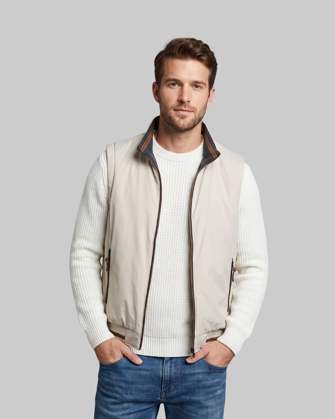 Men's Straight Fit Zip Vest in beige.