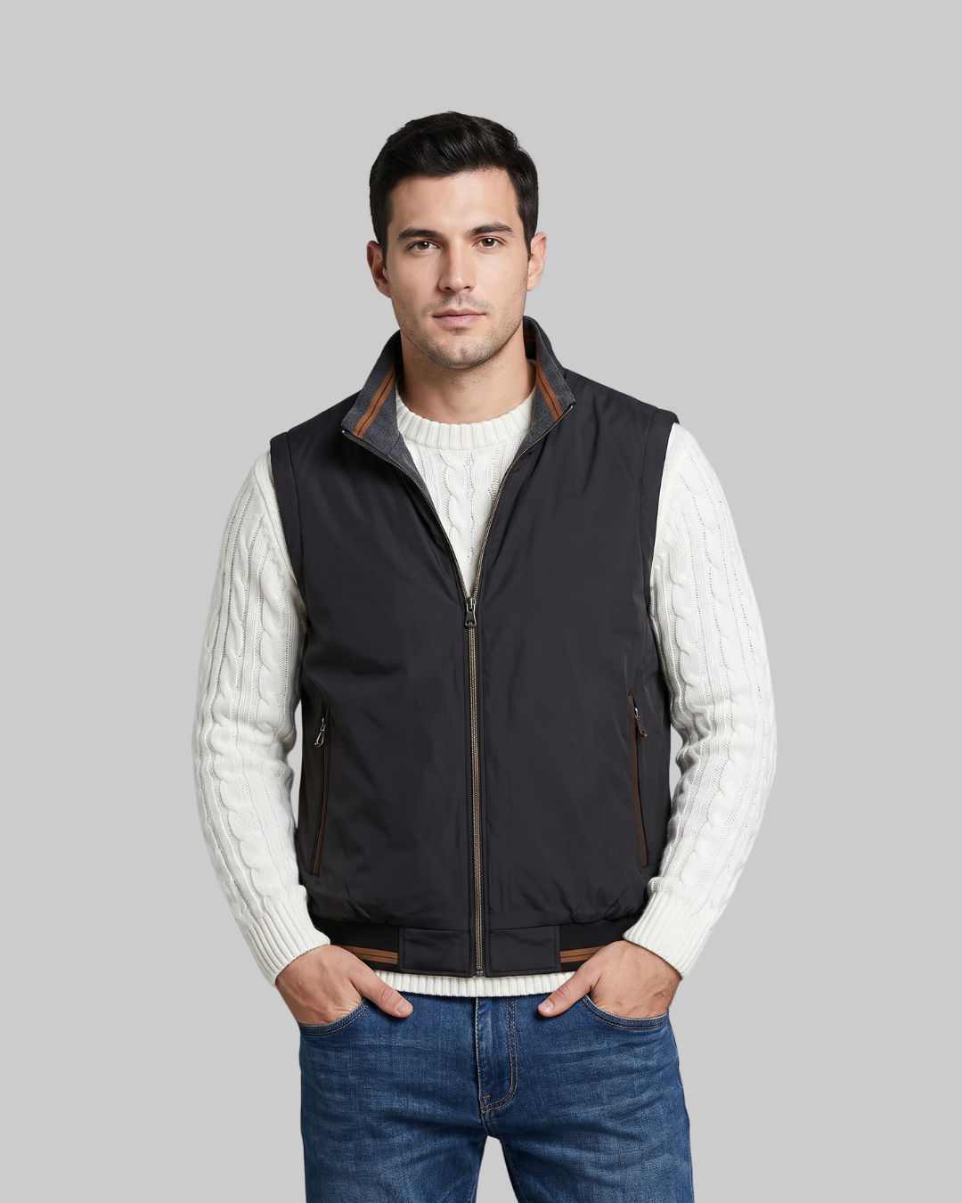 Men's Straight Fit Zip Vest in black.
