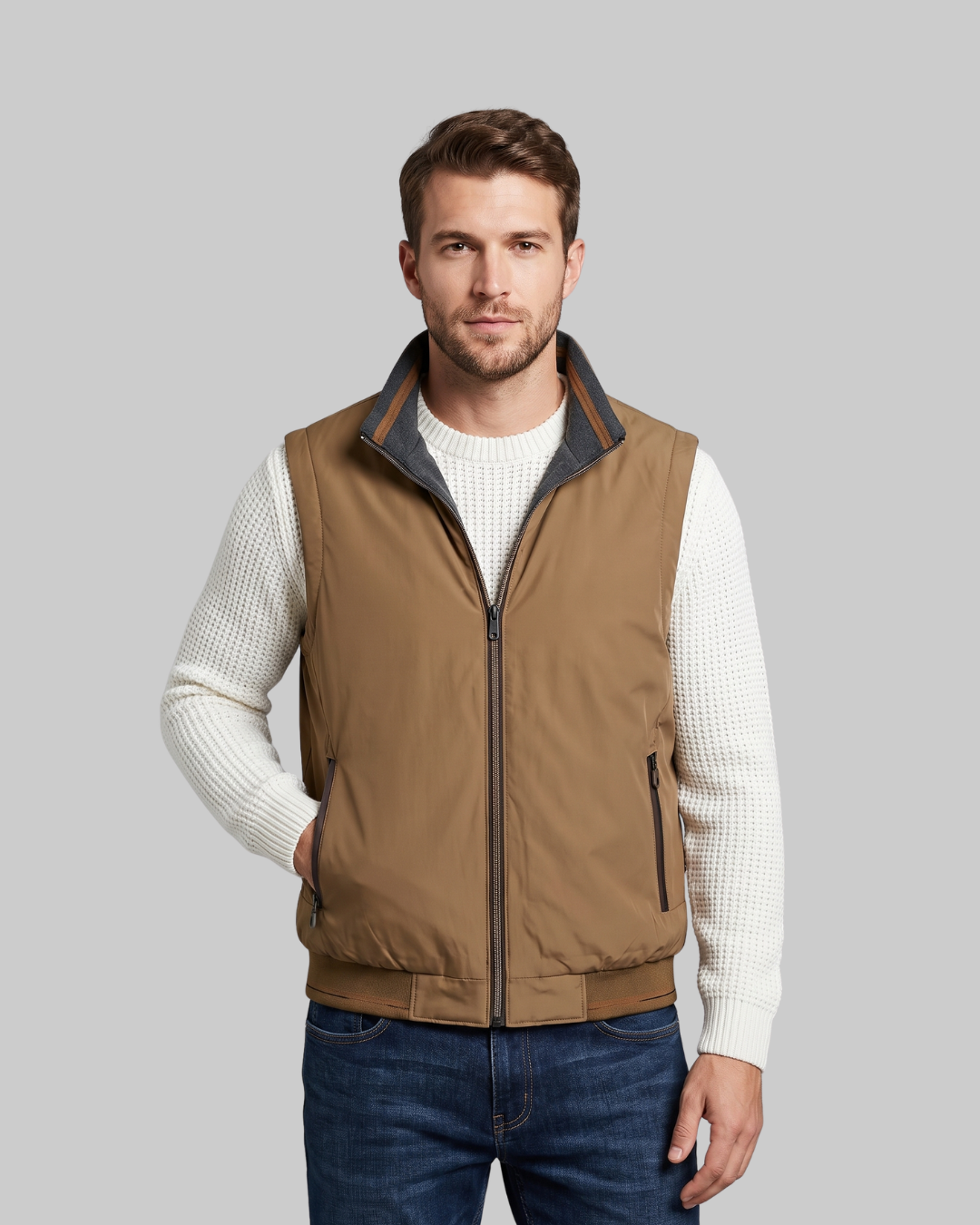 Men's Straight Fit Zip Vest in coffee.