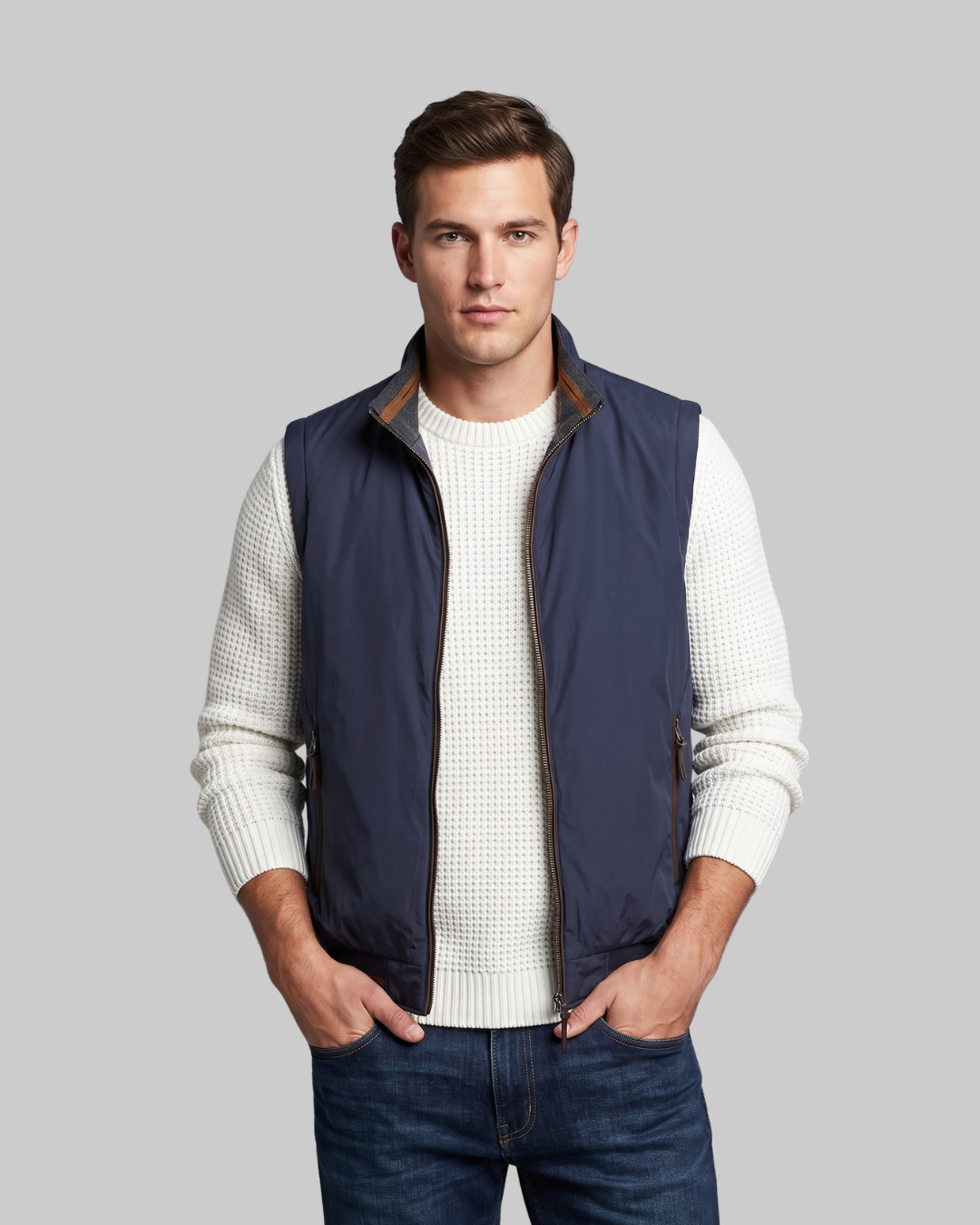 Men's Straight Fit Zip Vest in navy blue.
