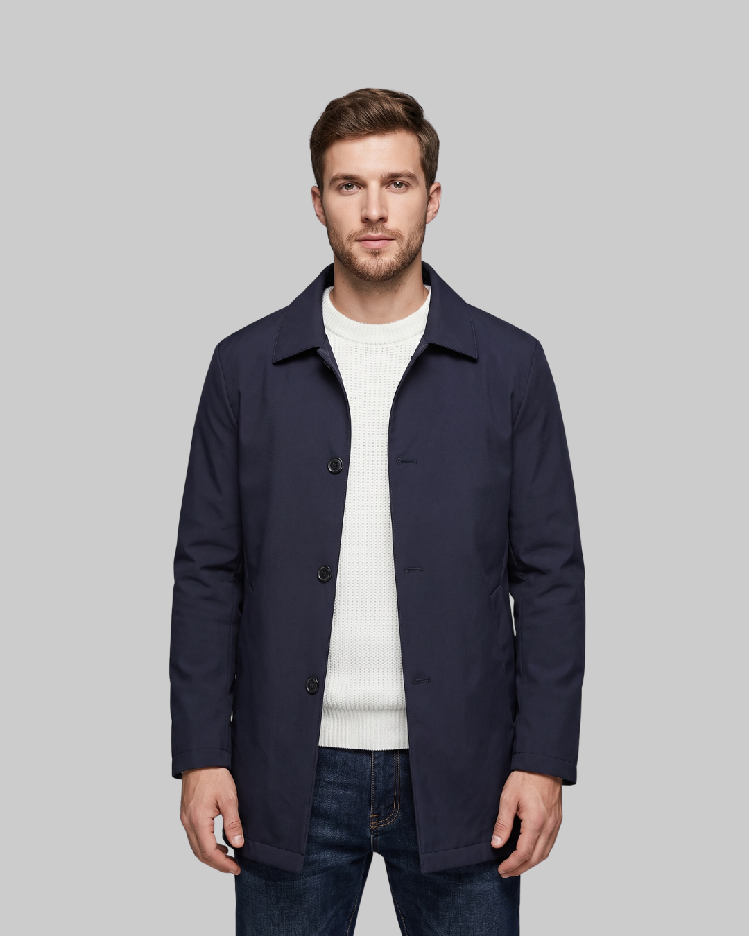 Men's Straight Hem Casual Coat in navy blue.