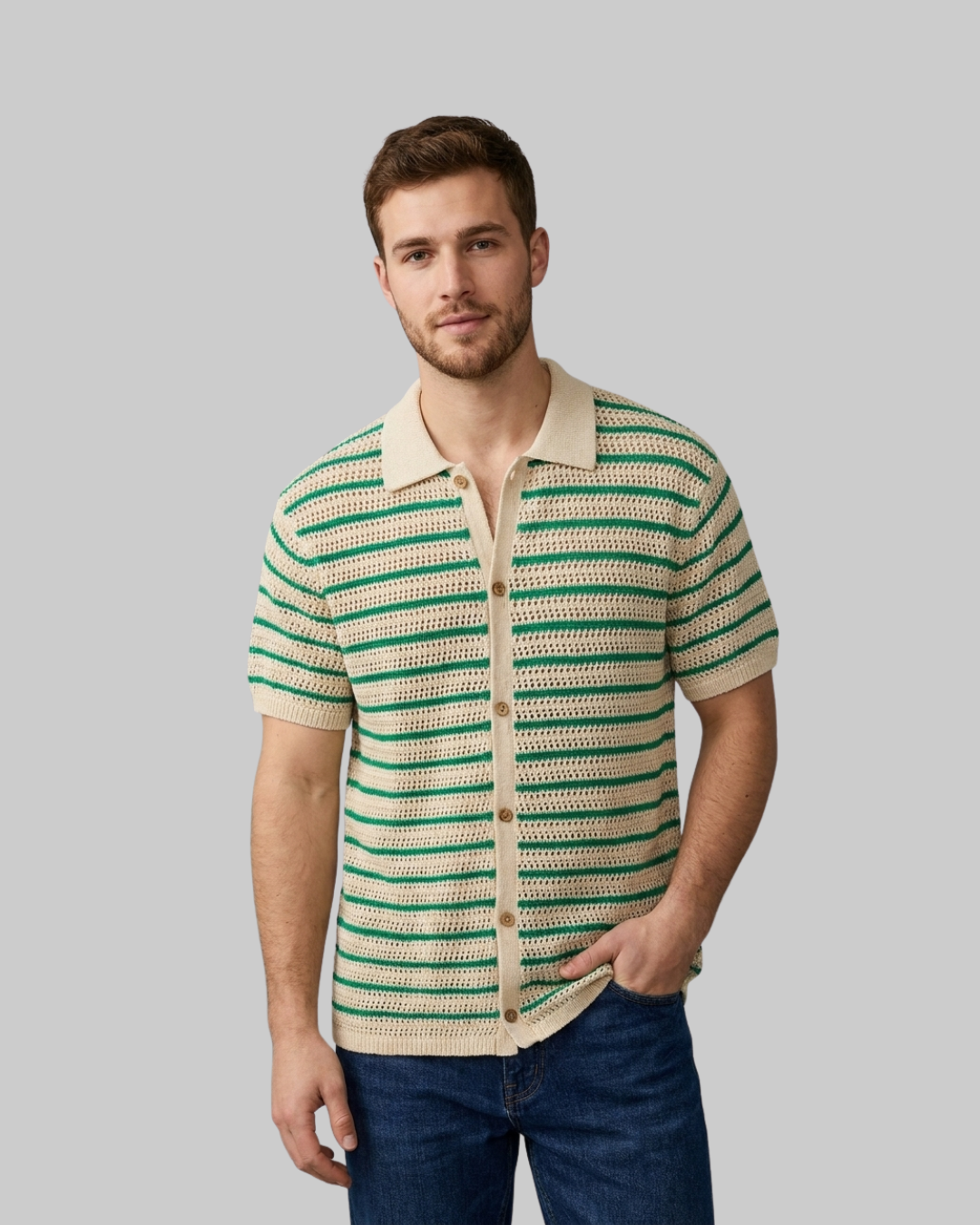 Men's Striped Knit Polo Shirt in front view. 