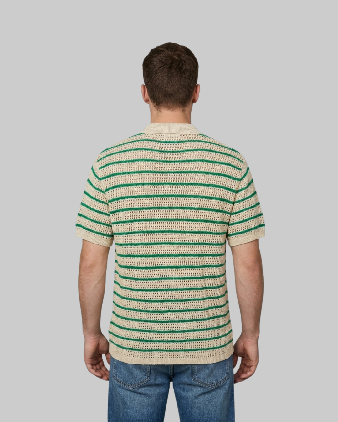 Men's Striped Knit Polo Shirt in back view.