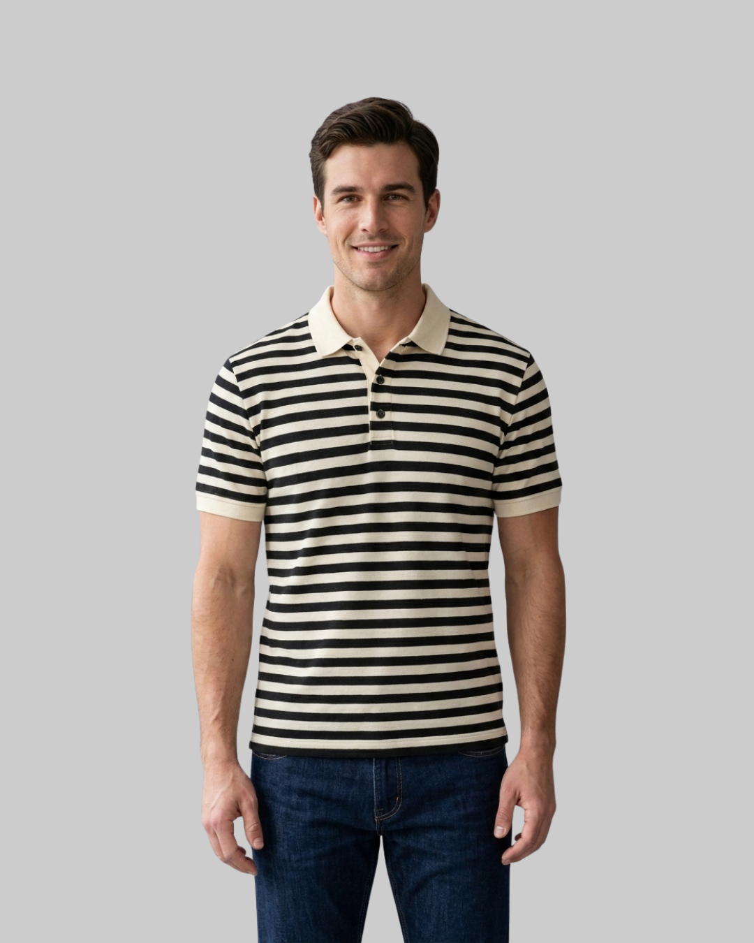 Men's Striped Short Sleeve Polo in black.
