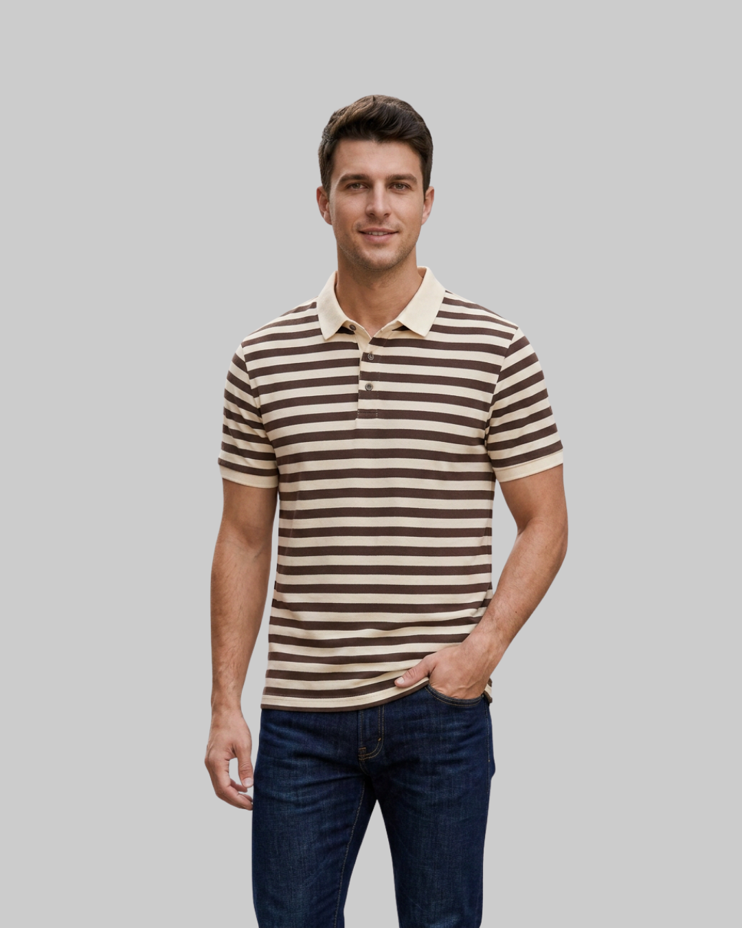 Men's Striped Short Sleeve Polo in brown.