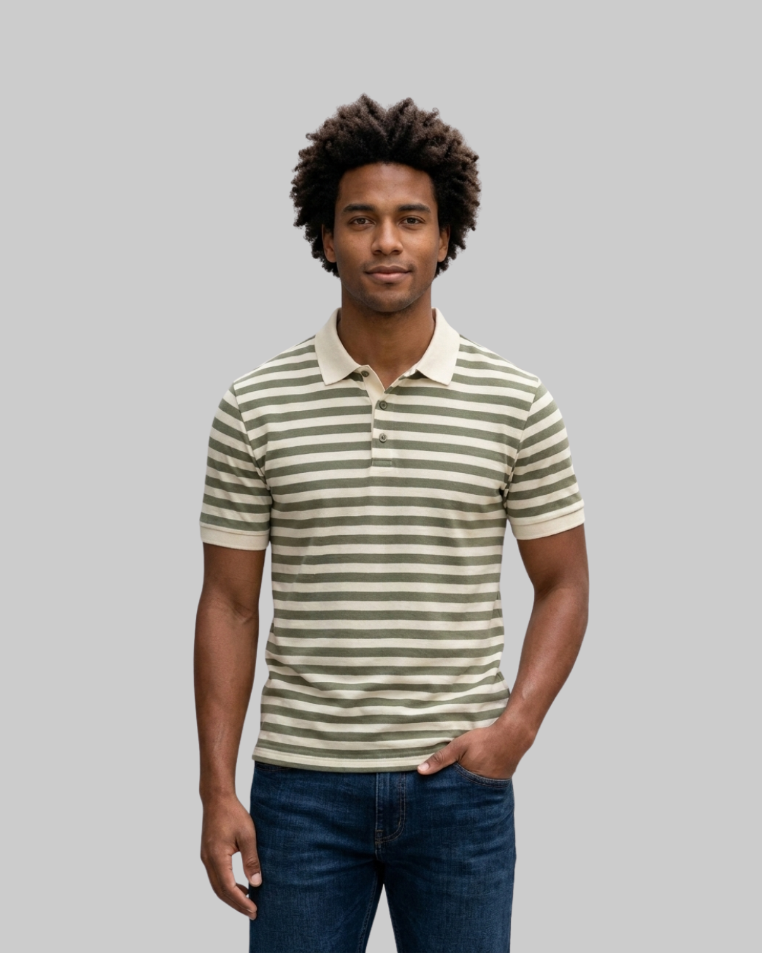 Men's Striped Short Sleeve Polo in green.
