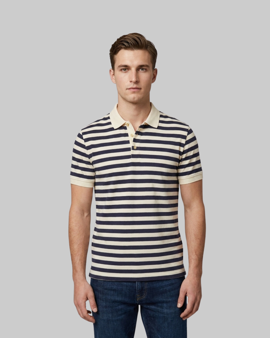 Men's Striped Short Sleeve Polo in navy blue.