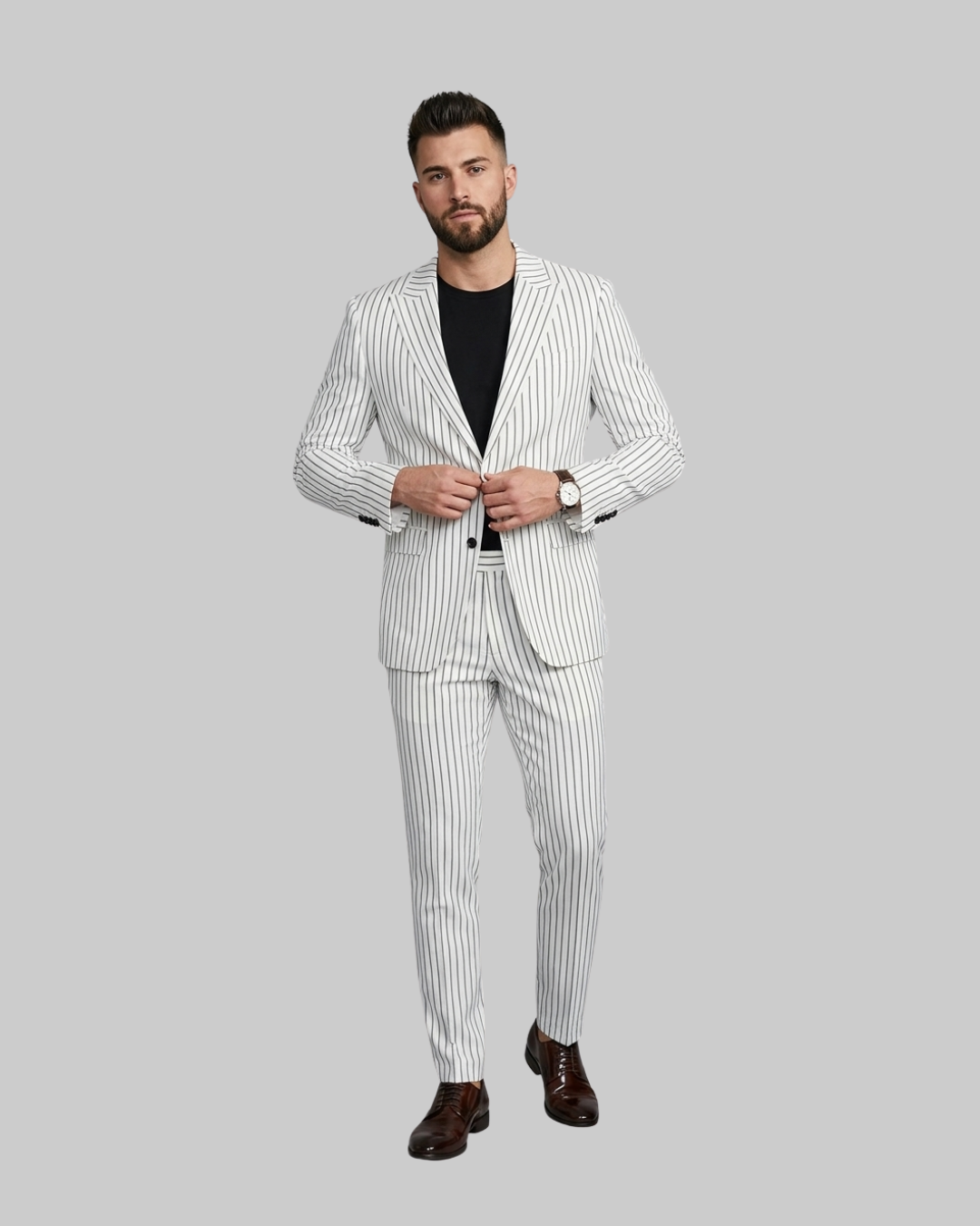 Men's Striped Slim Fit 2 Piece Suit in white.