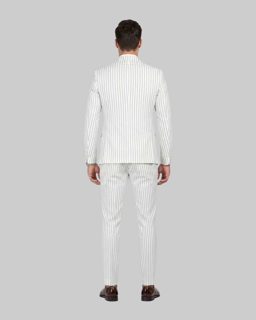 Back view of Men's Striped Slim Fit 2 Piece Suit in white.
