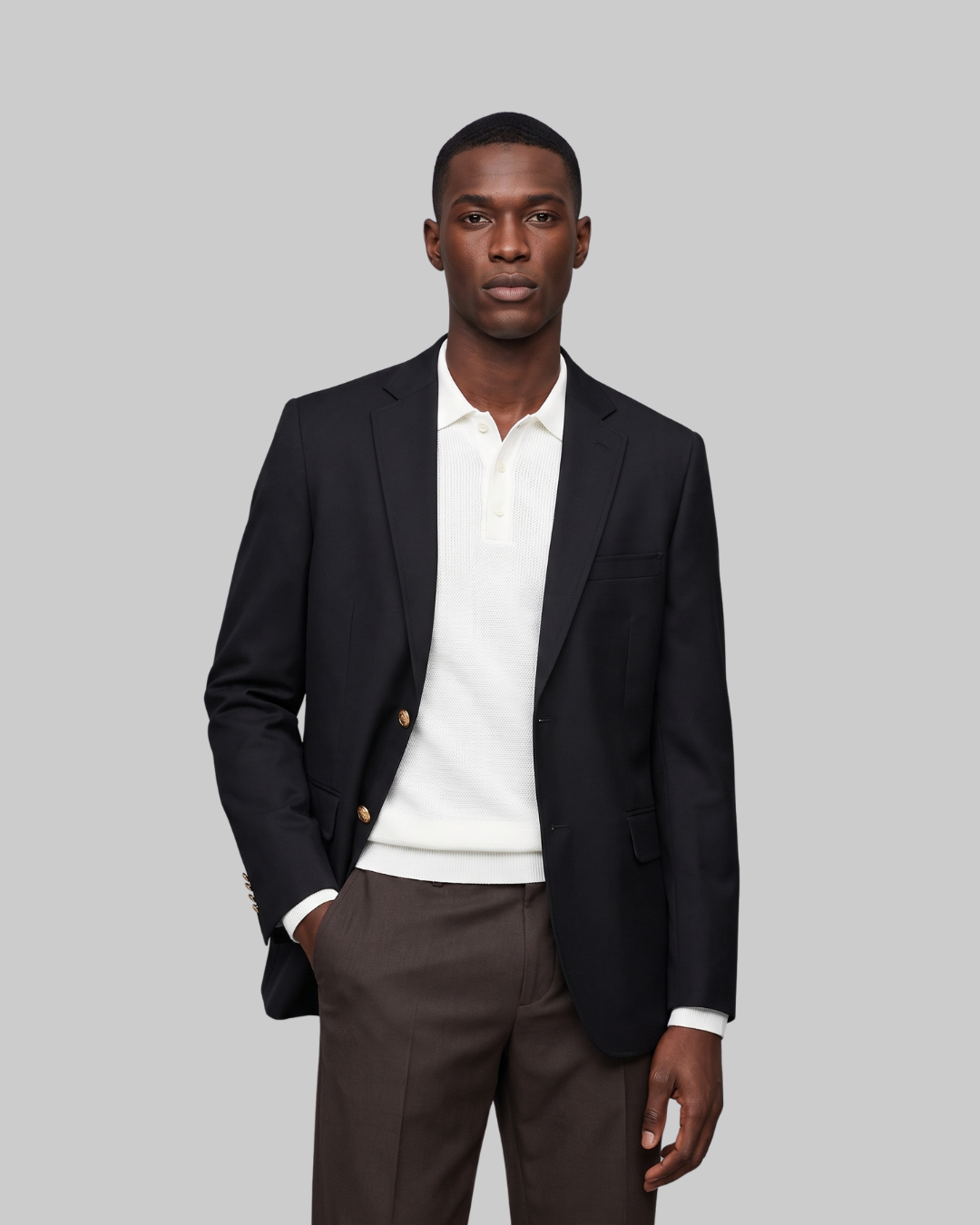 Men's Structured Two Button Blazer in black.