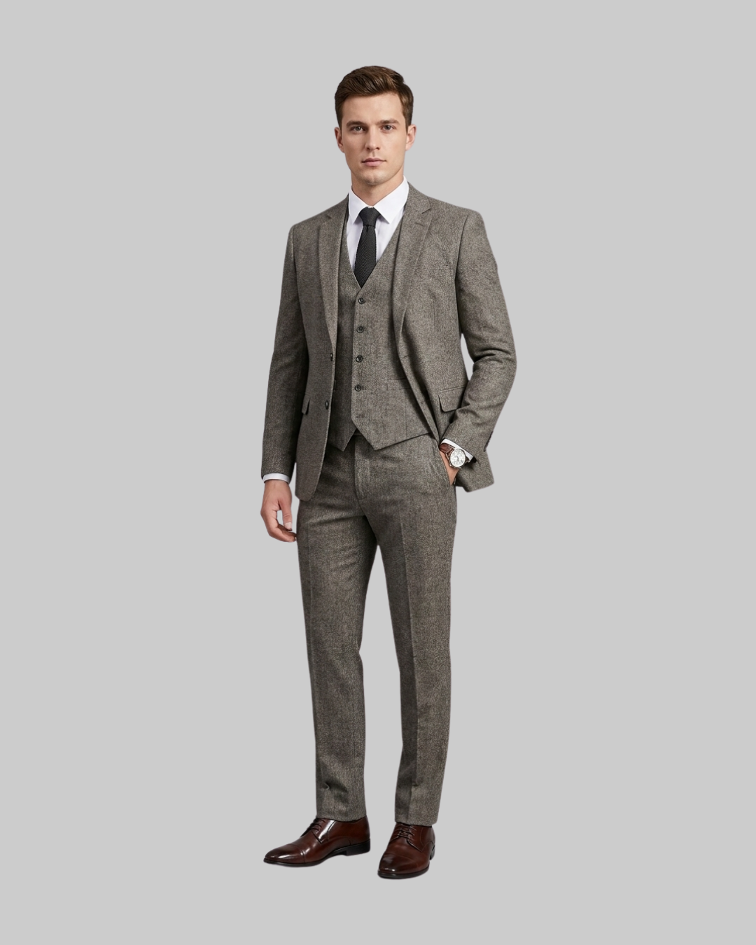 Men's Subtle Check 3 Piece Suit in coffee.