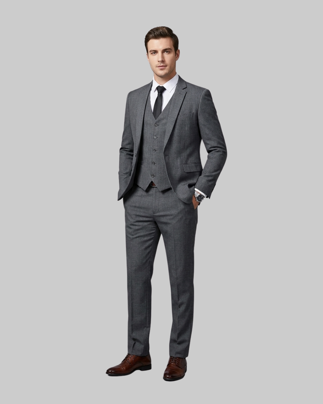 Men's Subtle Check 3 Piece Suit in dark grey.