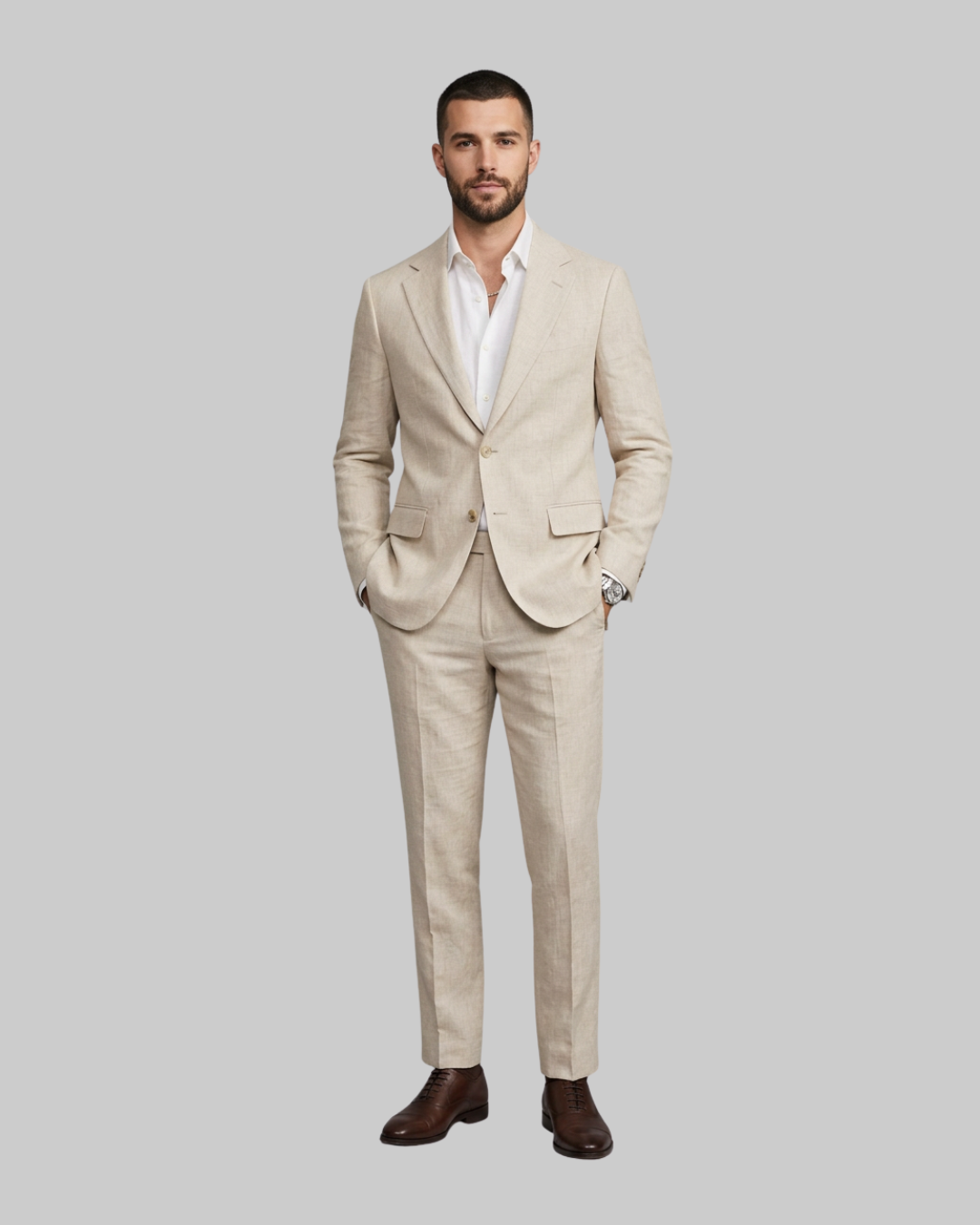 Men's Summer Business 2 Piece Suit in beige.